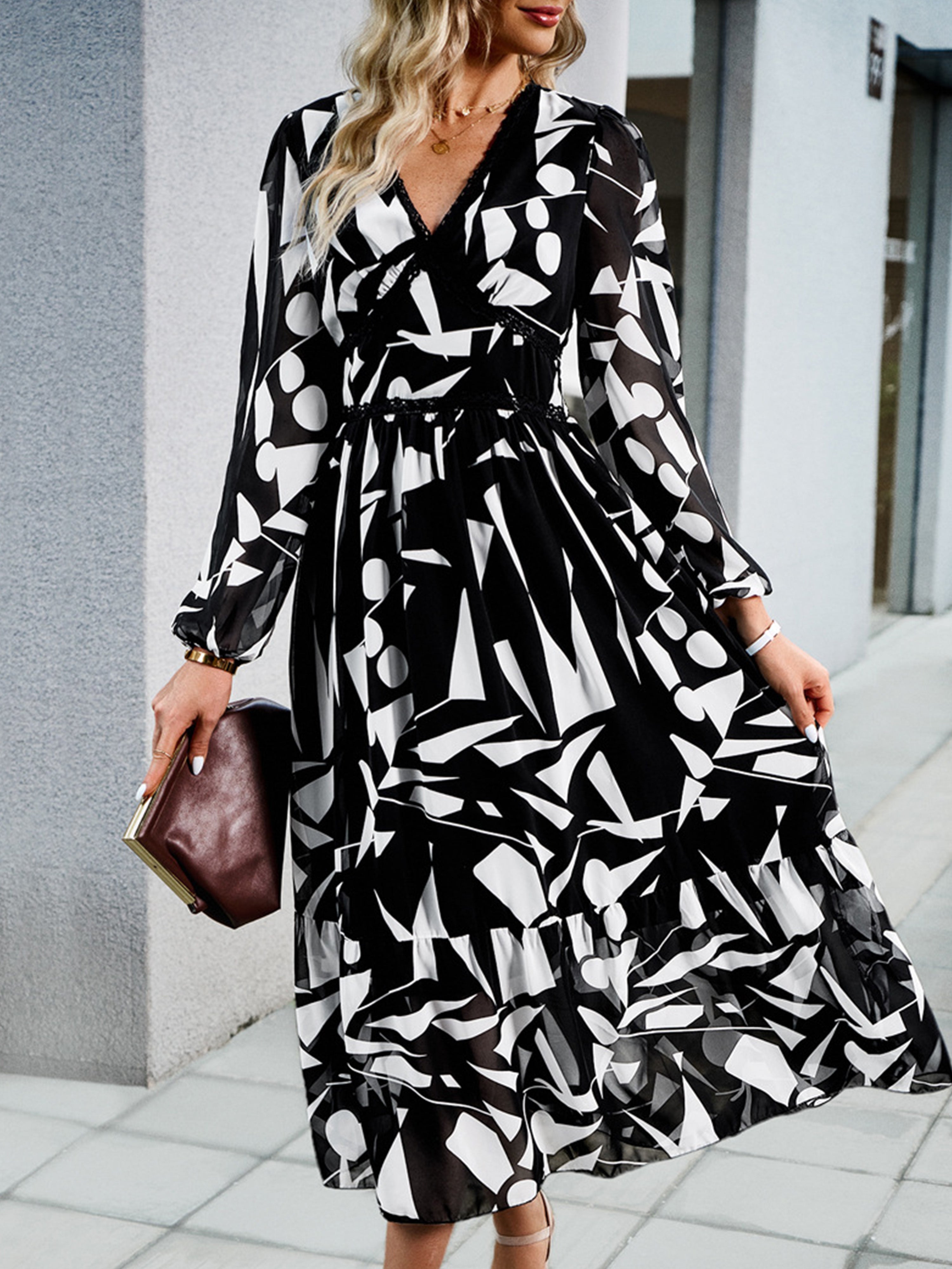 Robe Trapèze Col V Manches Longues Robe Invitée de Mariage en Noir