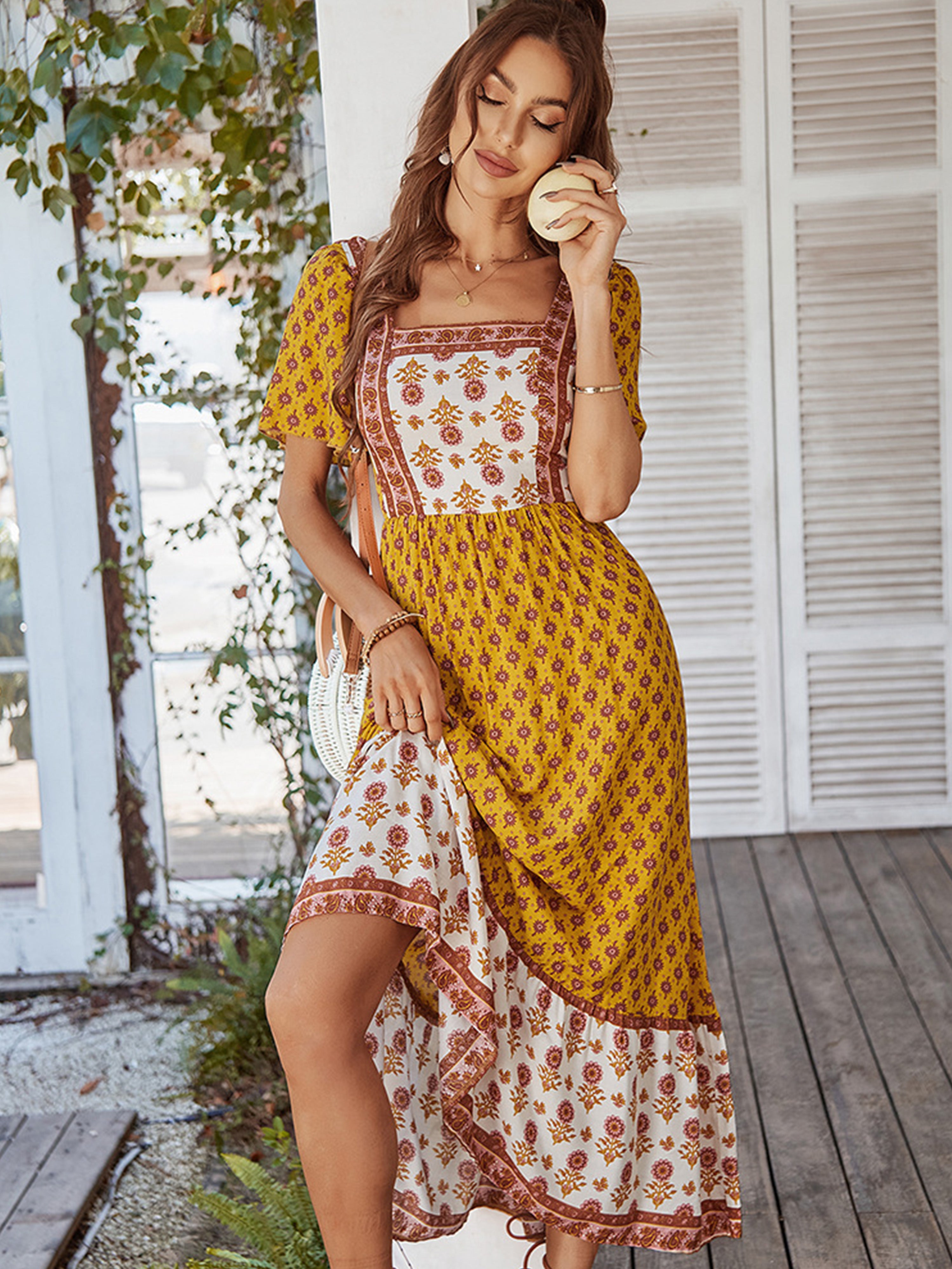 Robe Trapèze Col Carré Manches Courtes Robe Invitée de Mariage en Jaune