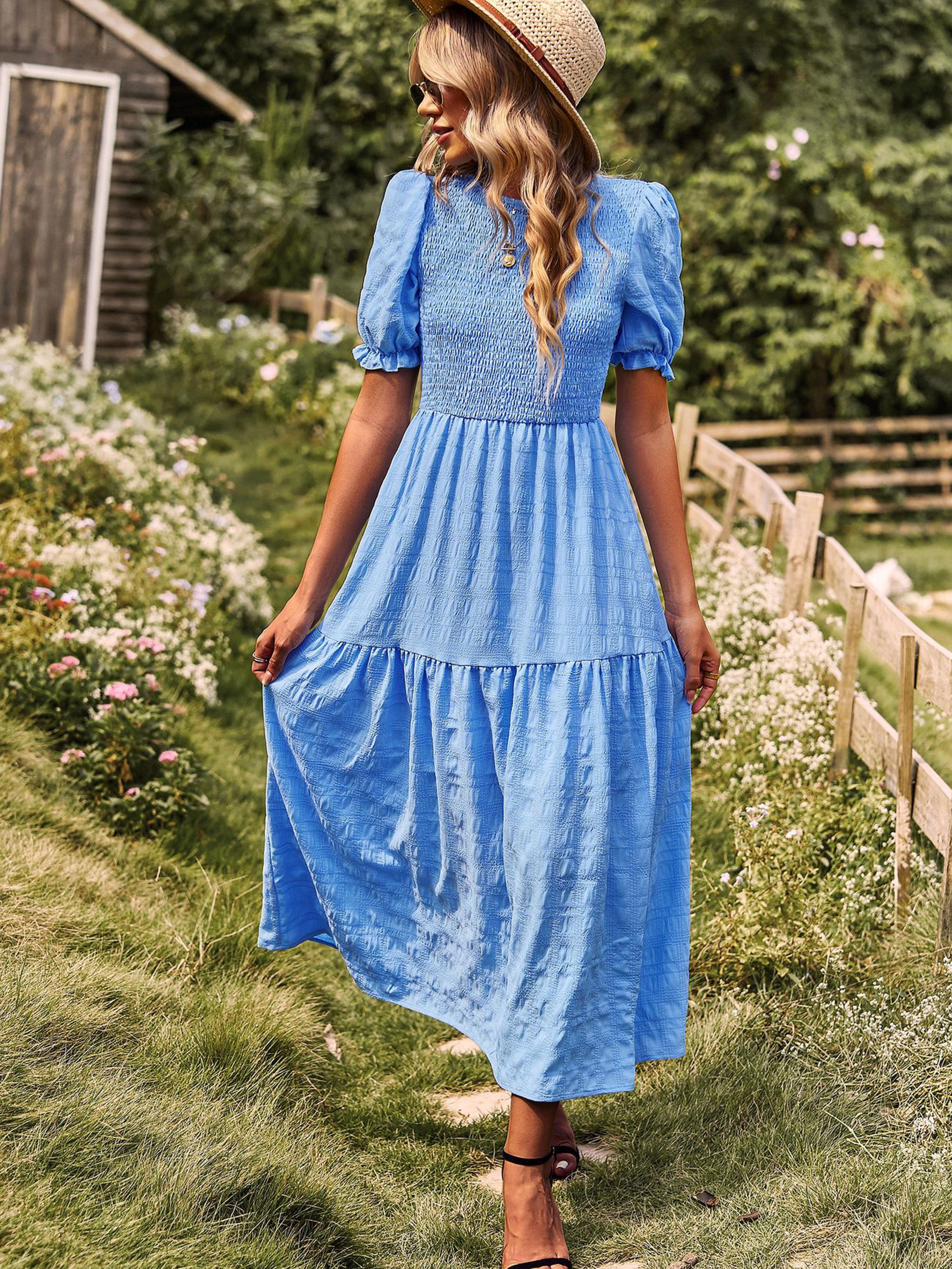 Robe Longue Trapèze Col Rond Manches Courtes à Volants Robe Invitée de Mariage en Bleu Ciel