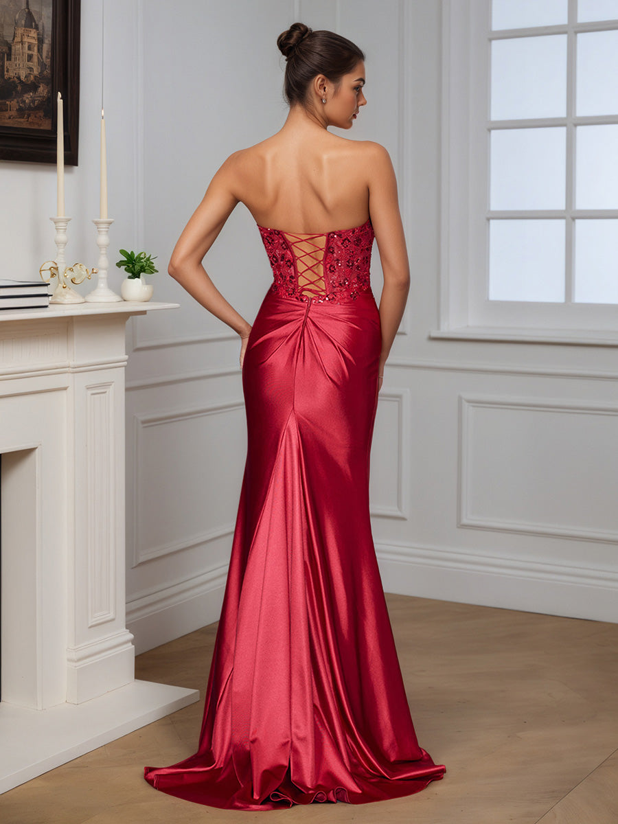 Cicinia Robe de Soirée Bordeaux Longue Fourreau sans Bretelles Perlé Traîne Balayée Ravissante