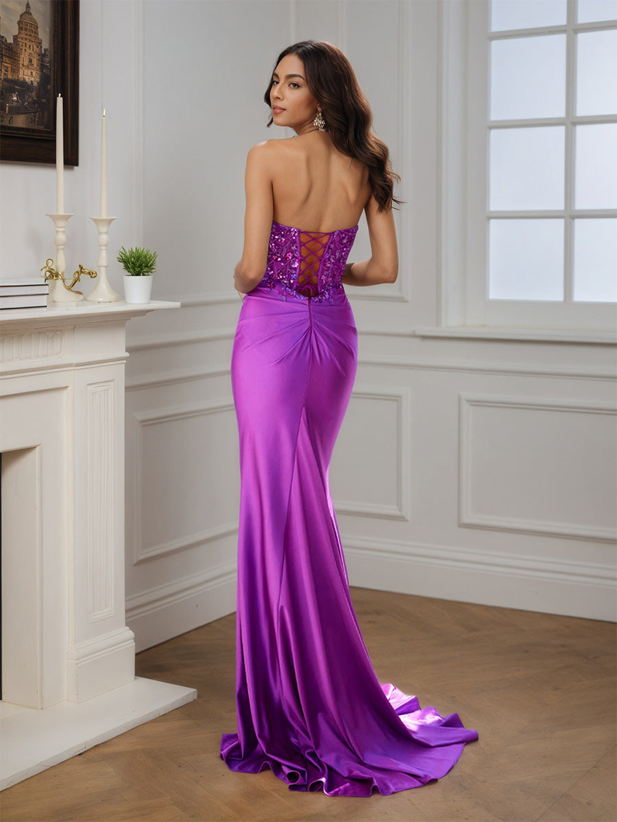 Cicinia Robe de Soirée Raisin Longue Fourreau sans Bretelles Perlé Traîne Balayée Ravissante
