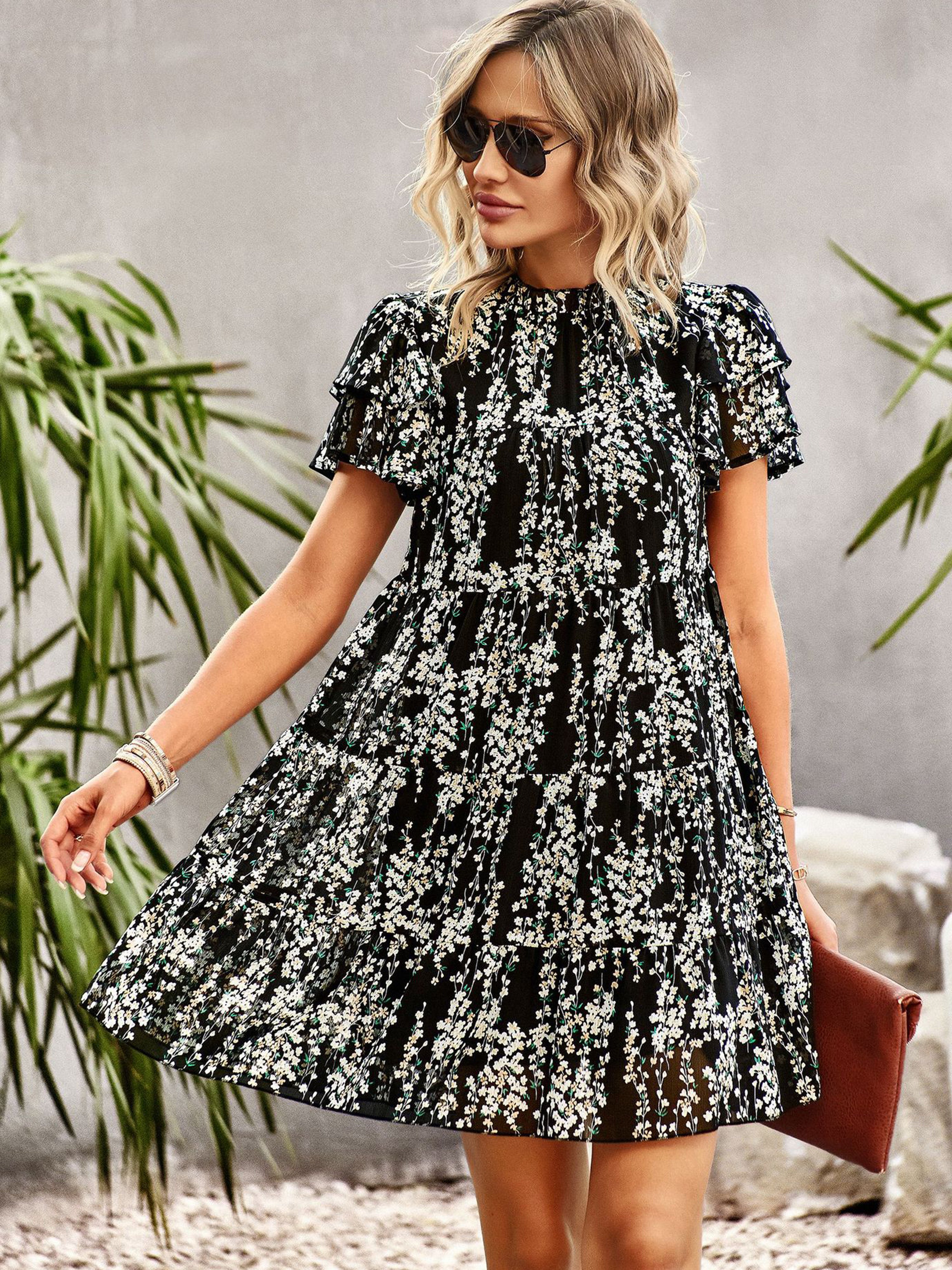 Robe Trapèze Col Roulé Mi-Haut Manches Courtes Robe Invitée de Mariage en Noir