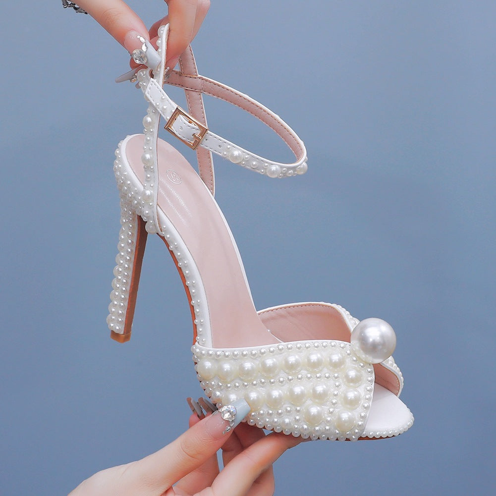Cloutés Chaussures de soirée à talons hauts avec bouche de poisson et perles