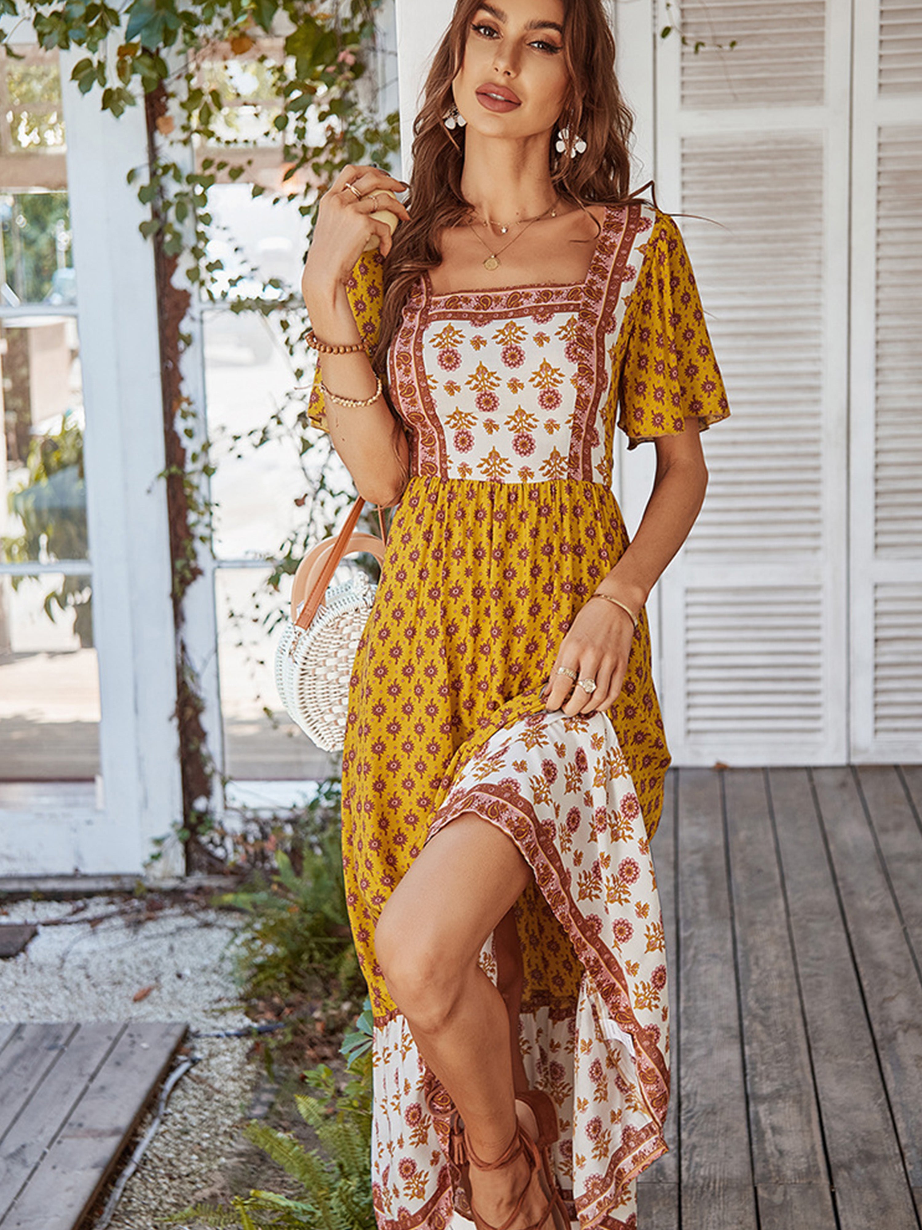 Robe Trapèze Col Carré Manches Courtes Robe Invitée de Mariage en Jaune