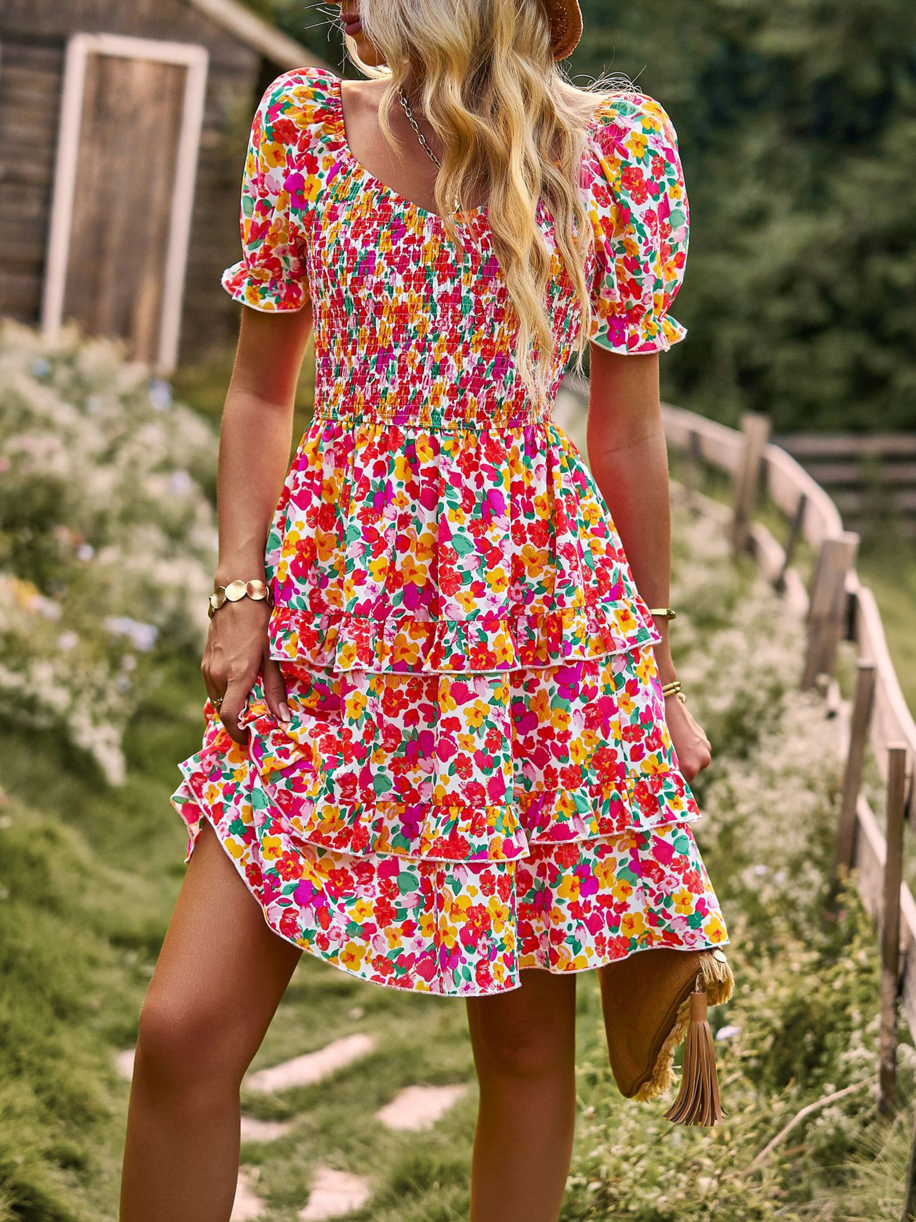 Robe Col Rond Manches Courtes Trapèze Robe Invitée de Mariage en Rose