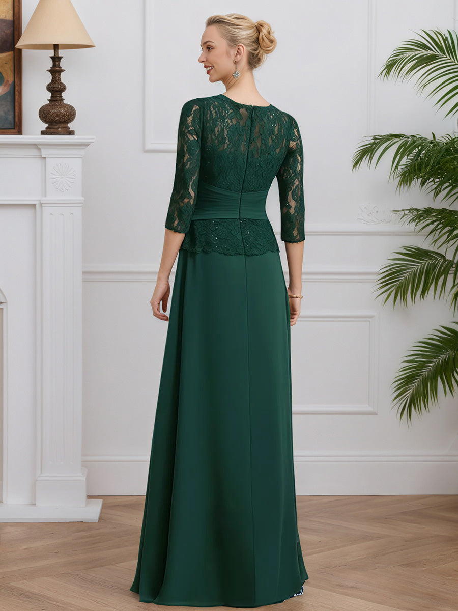 Cicinia Vert Foncé Robe pour Mère de la Mariée Longue en Chiffon et Dentelle A-Line Manches Trois-Quarts