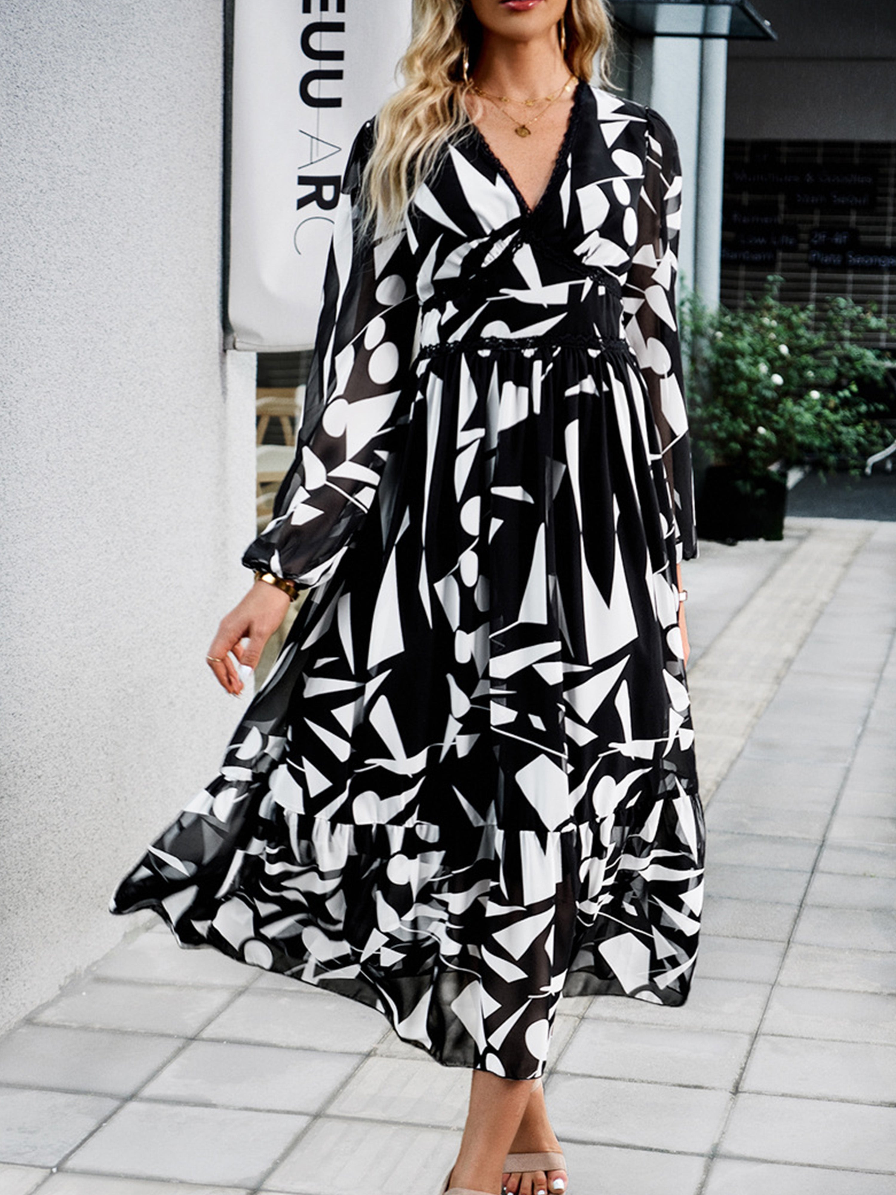 Robe Trapèze Col V Manches Longues Robe Invitée de Mariage en Noir