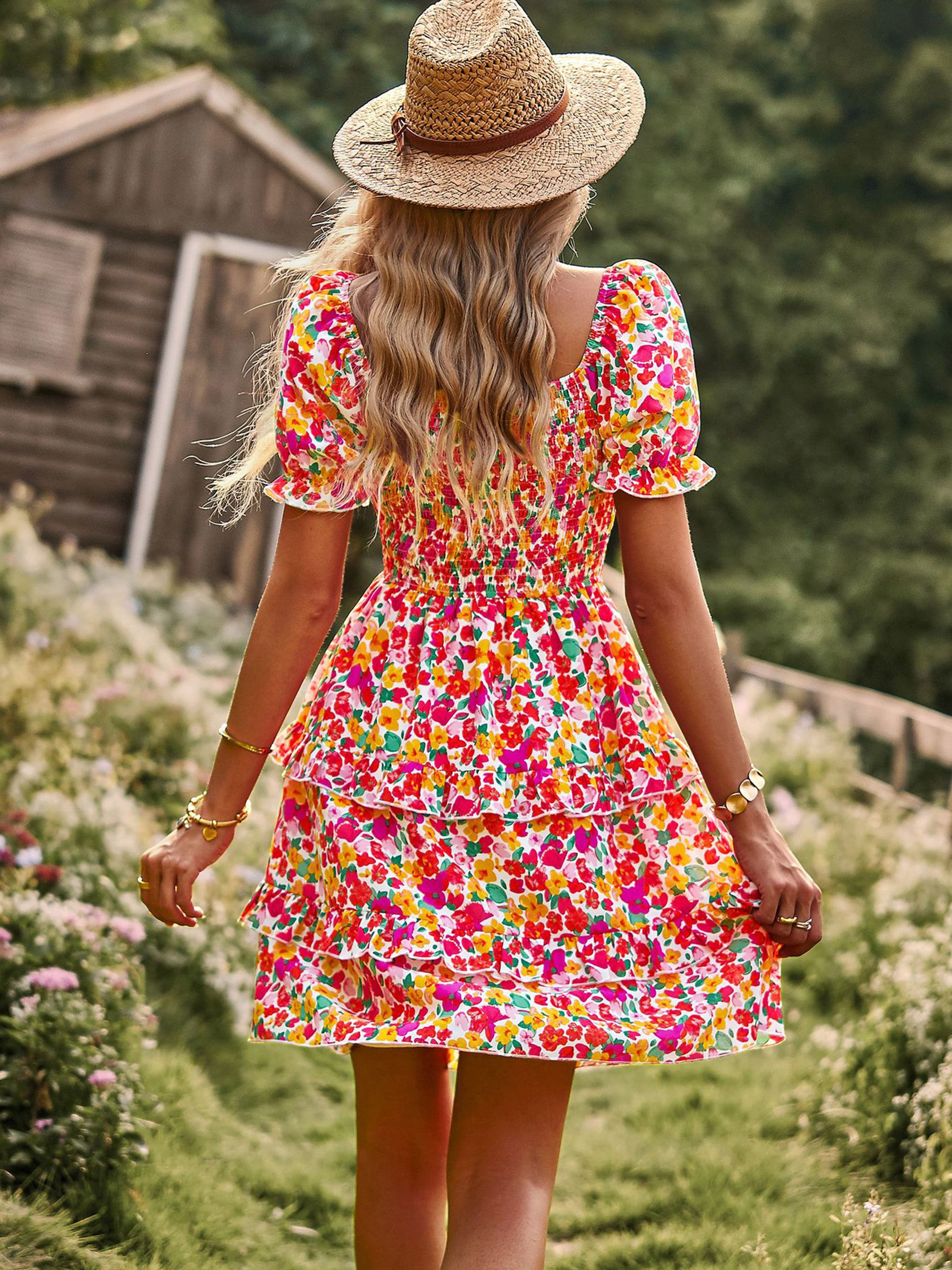 Robe Col Rond Manches Courtes Trapèze Robe Invitée de Mariage en Rose