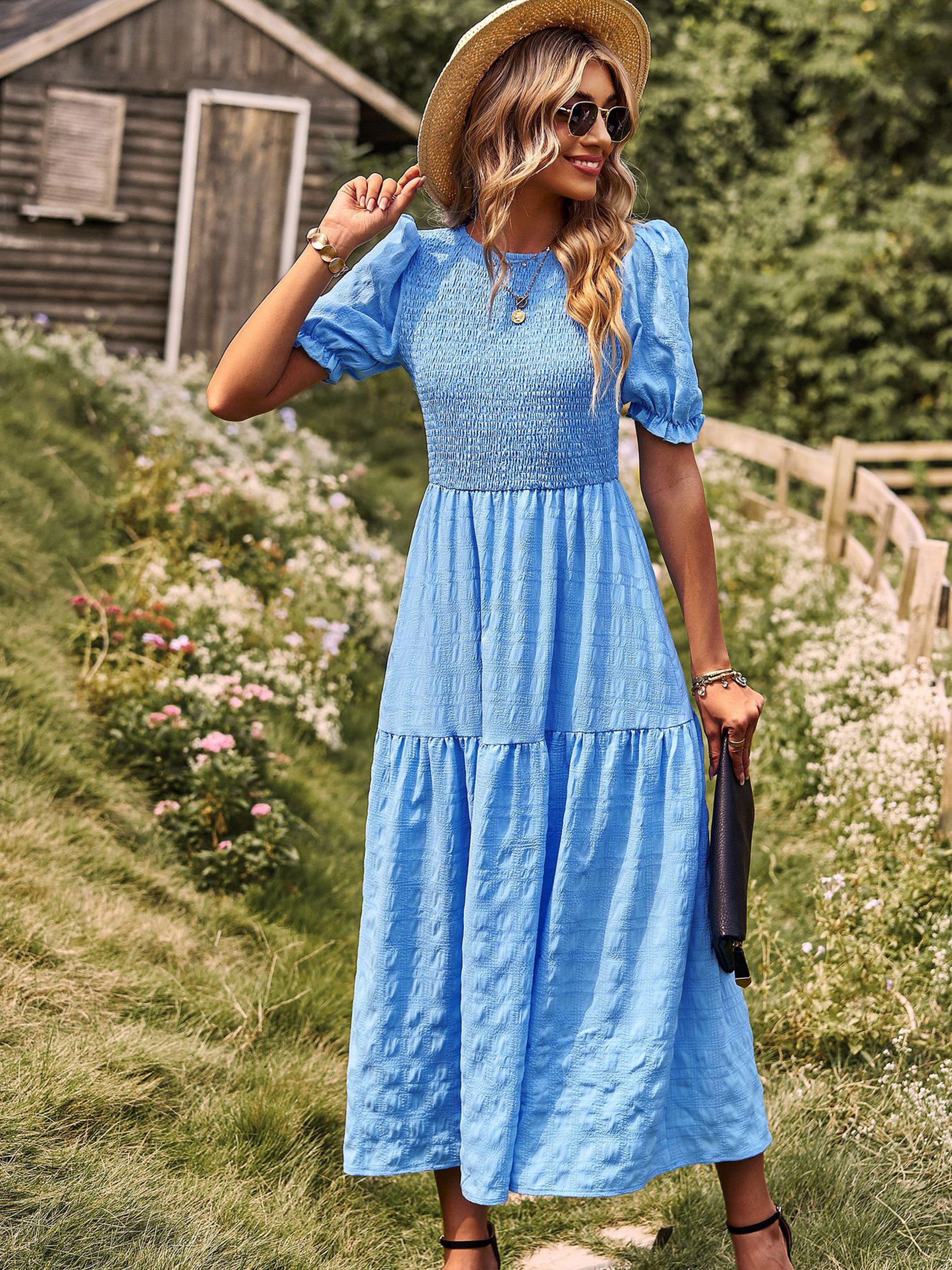 Robe Longue Trapèze Col Rond Manches Courtes à Volants Robe Invitée de Mariage en Bleu Ciel