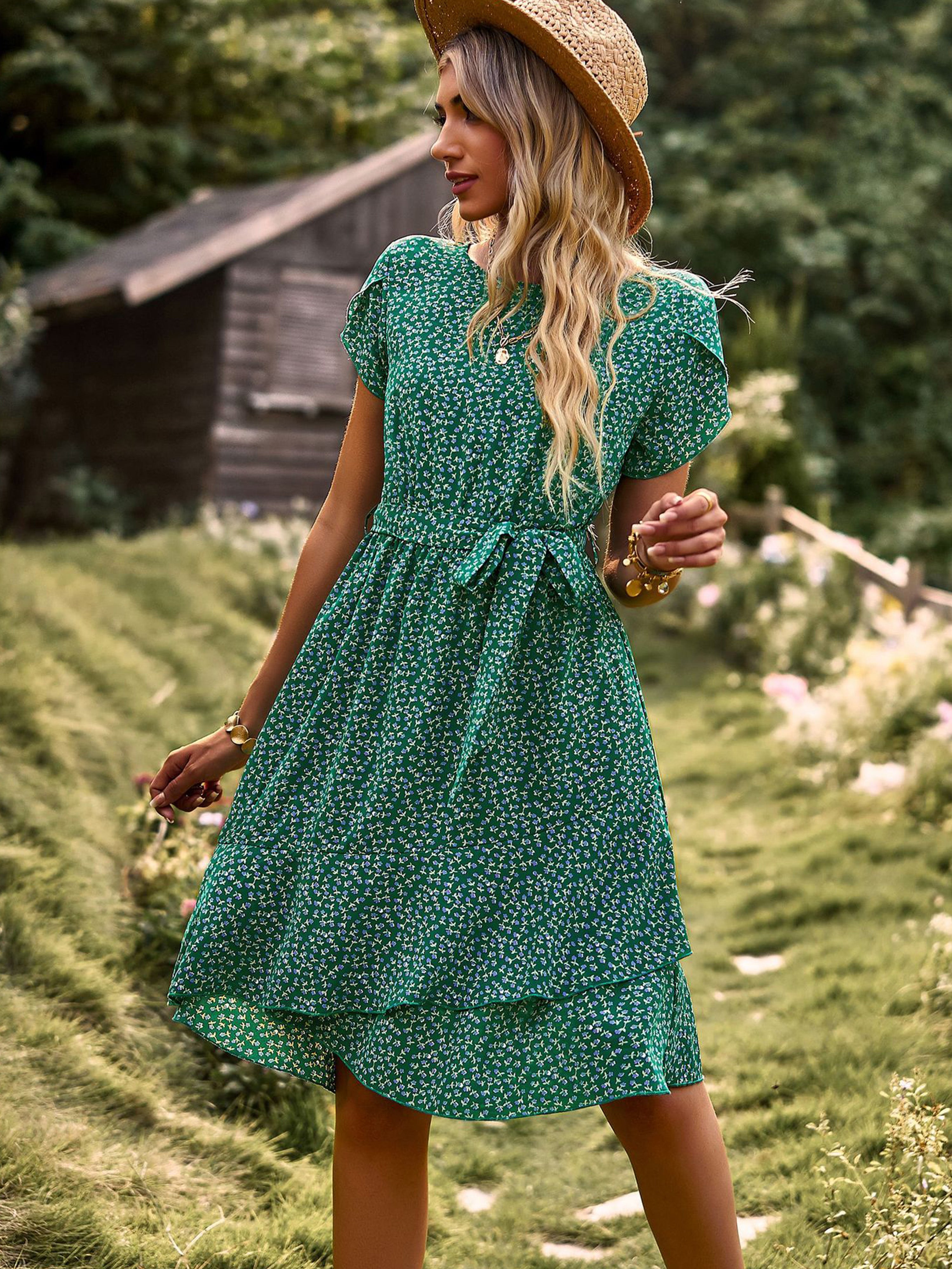 Robe Trapèze Col Rond Manches Courtes Noeud Papillon Robe Invitée de Mariage en Vert