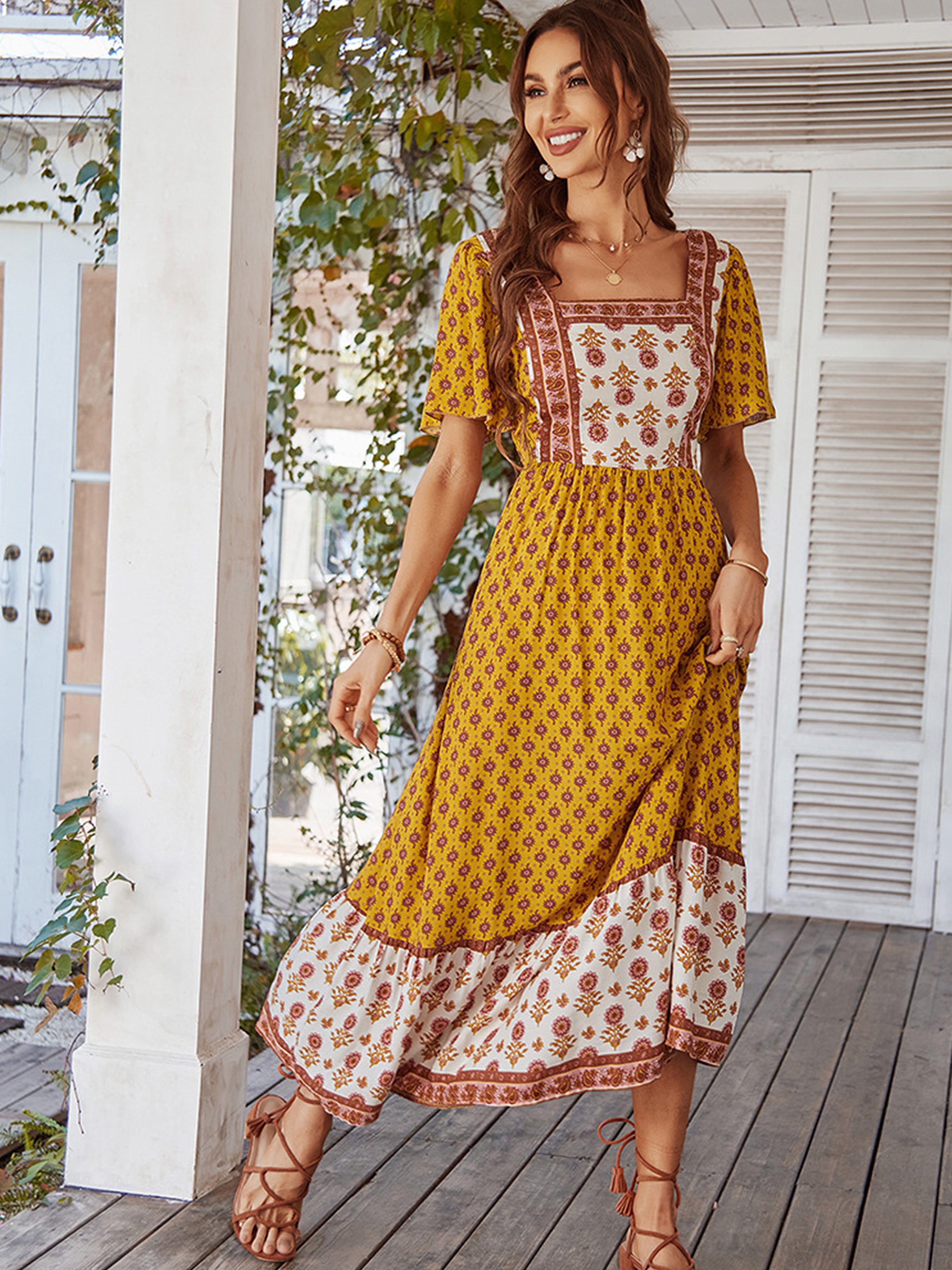 Robe Trapèze Col Carré Manches Courtes Robe Invitée de Mariage en Jaune