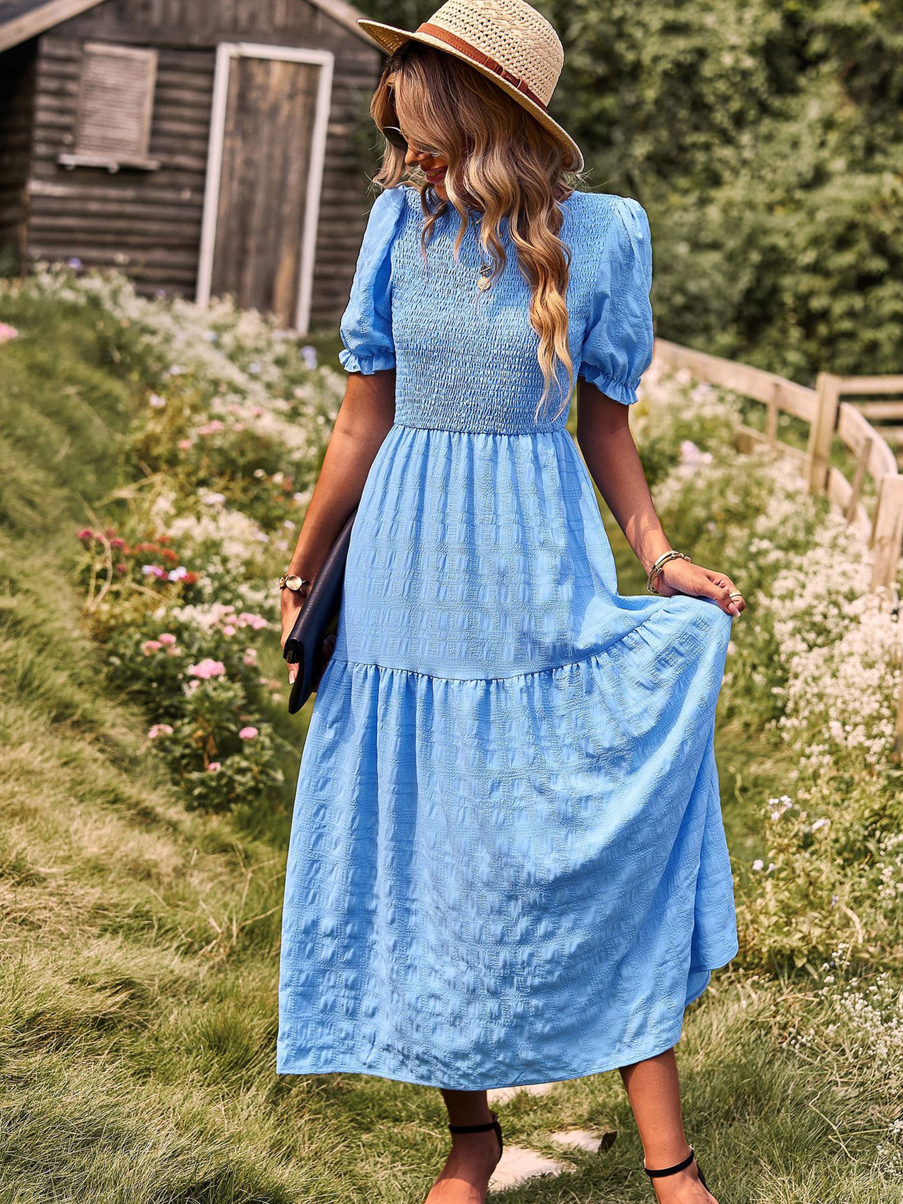 Robe Longue Trapèze Col Rond Manches Courtes à Volants Robe Invitée de Mariage en Bleu Ciel