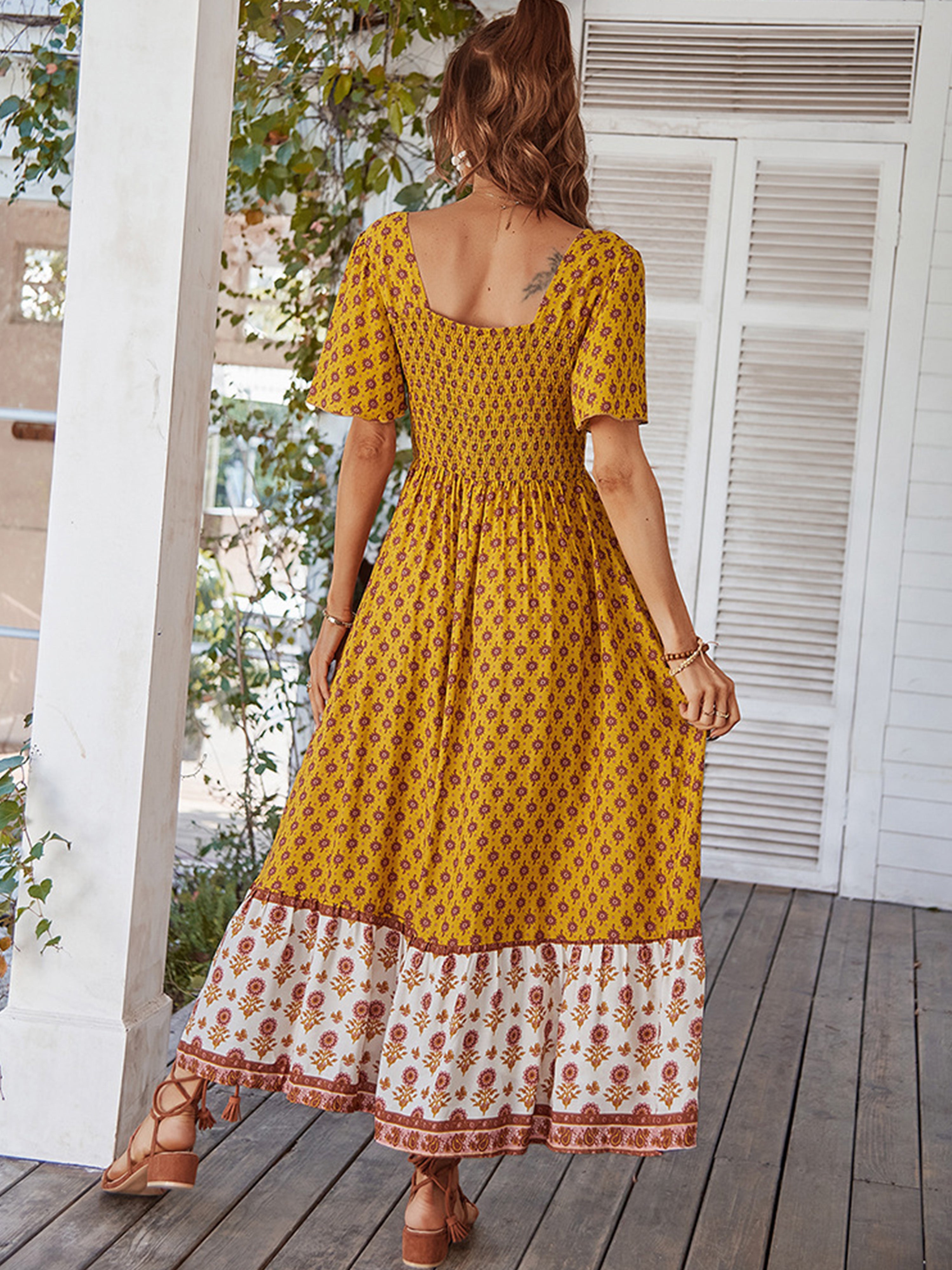 Robe Trapèze Col Carré Manches Courtes Robe Invitée de Mariage en Jaune