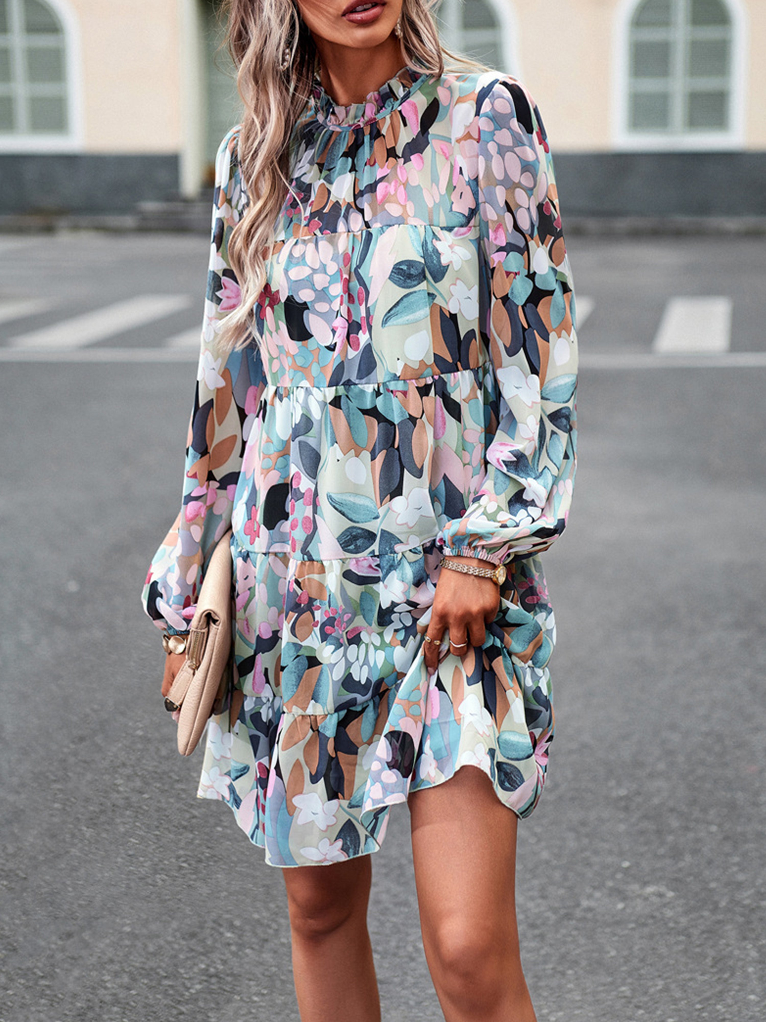 Robe Florale en Vert Trapèze Col Roulé Mi-Haut Manches Longues Robe Invitée de Mariage