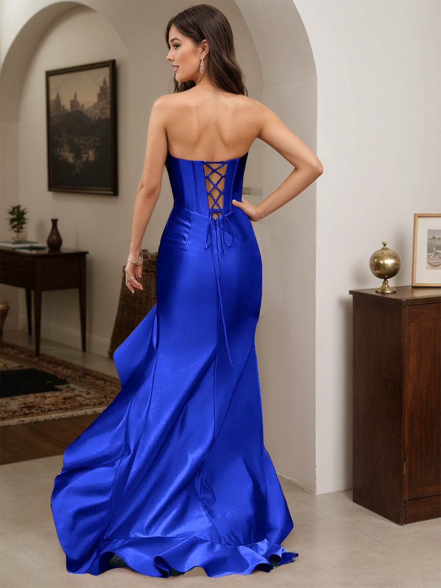 Cicinia Robe de Soirée BLEU ROYALE Longue Fourreau sans Bretelles à Volants