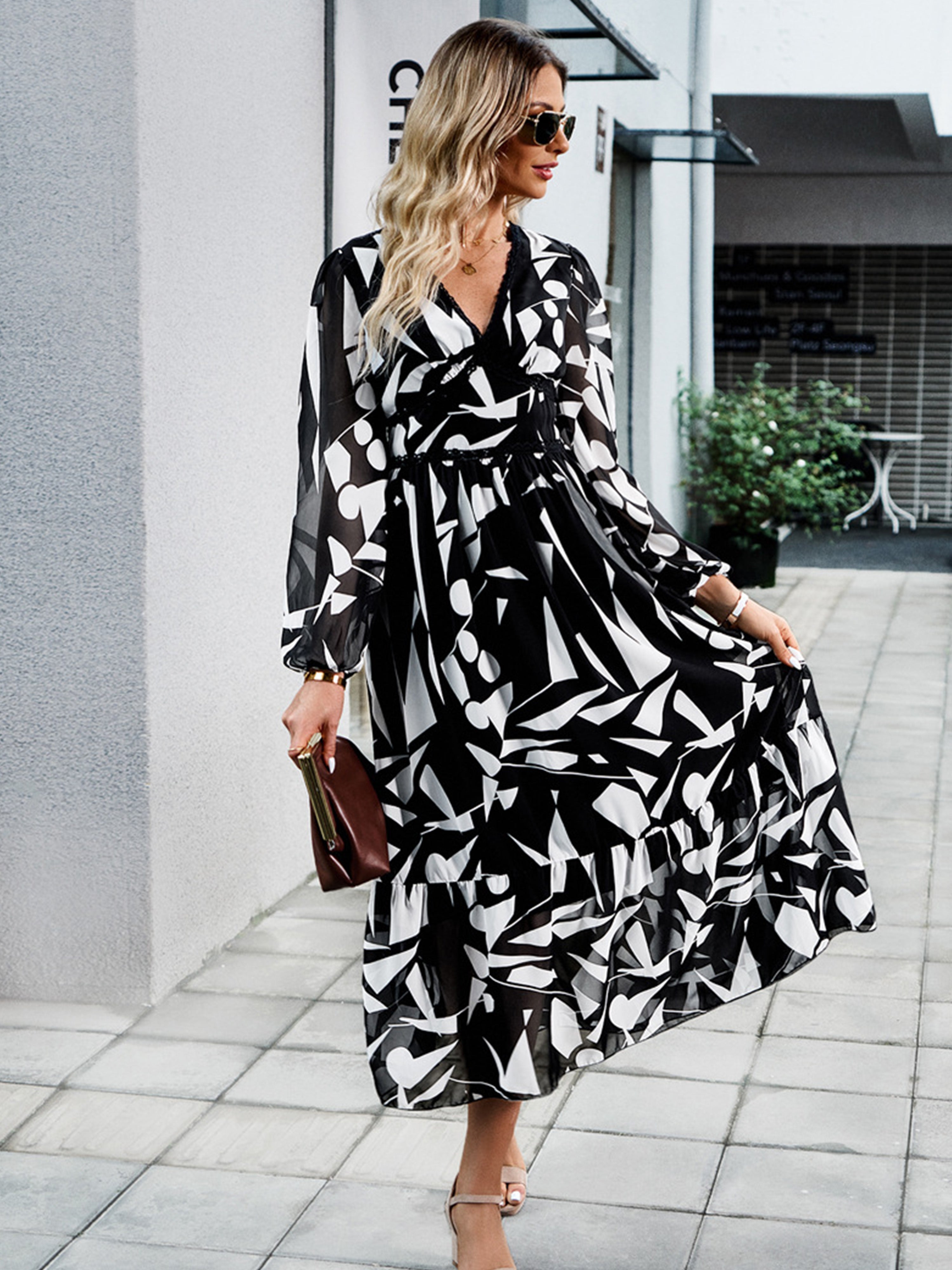 Robe Trapèze Col V Manches Longues Robe Invitée de Mariage en Noir