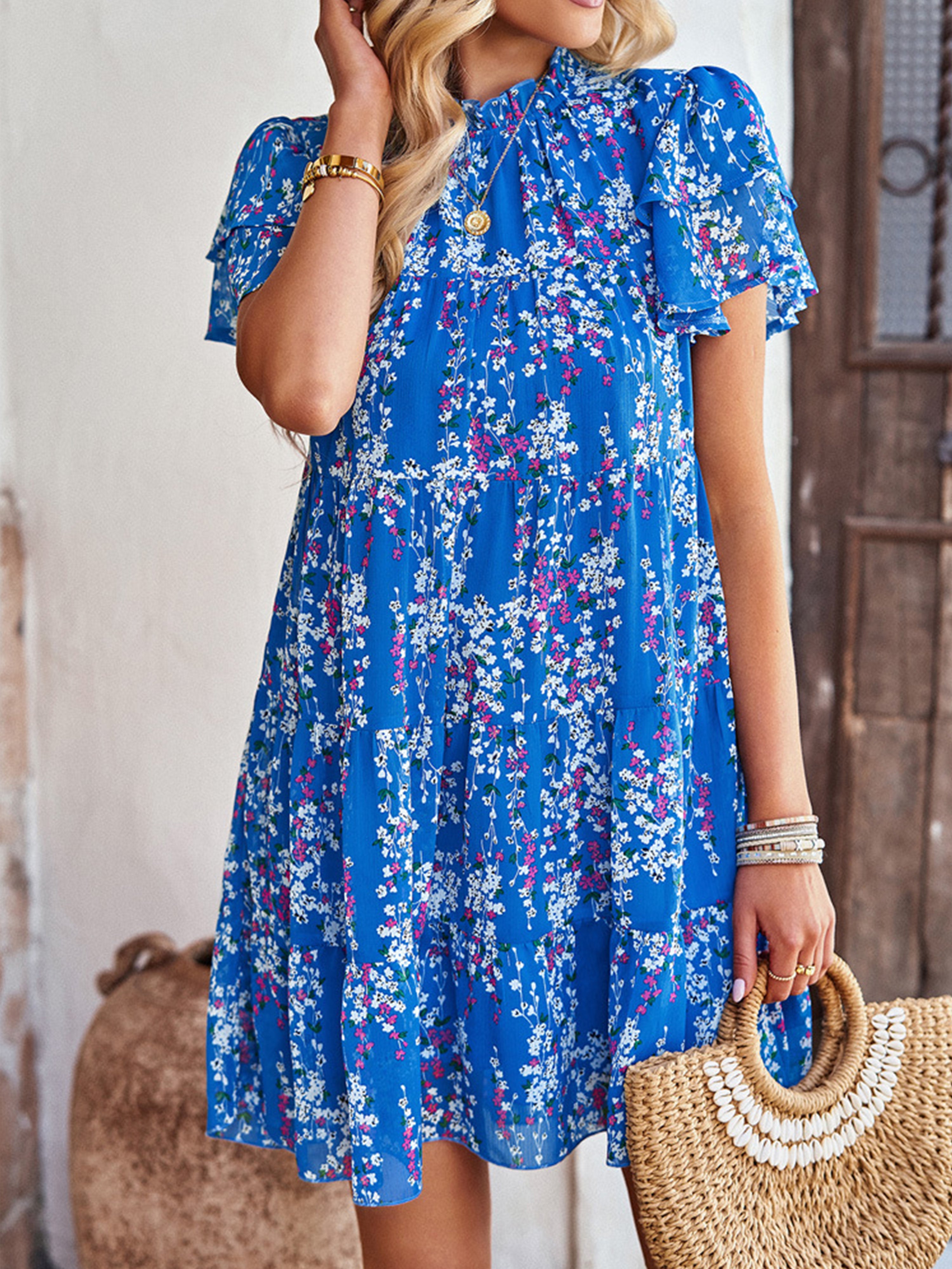 Robe Trapèze Col Roulé Mi-Haut Manches Courtes Robe Invitée de Mariage en Bleu