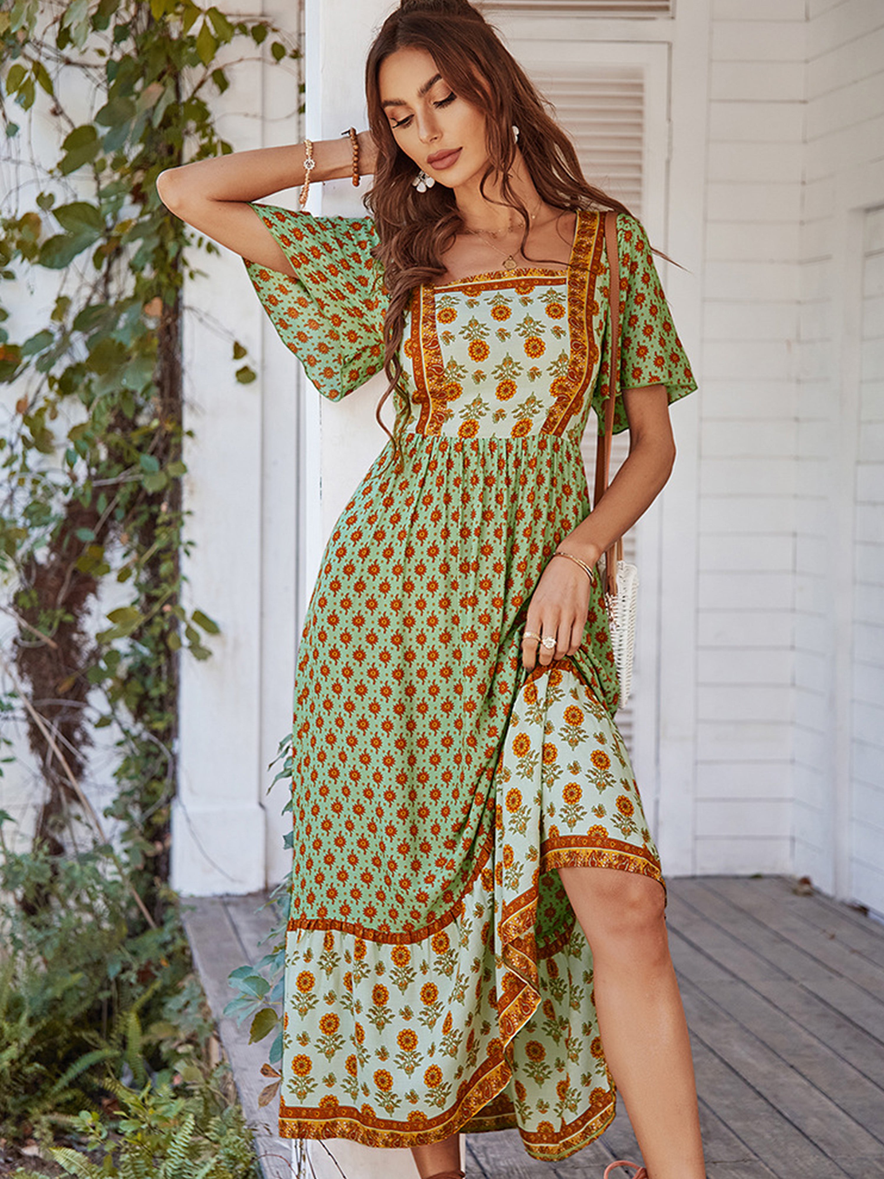 Robe Trapèze Col Carré Manches Courtes Robe Invitée de Mariage en Vert