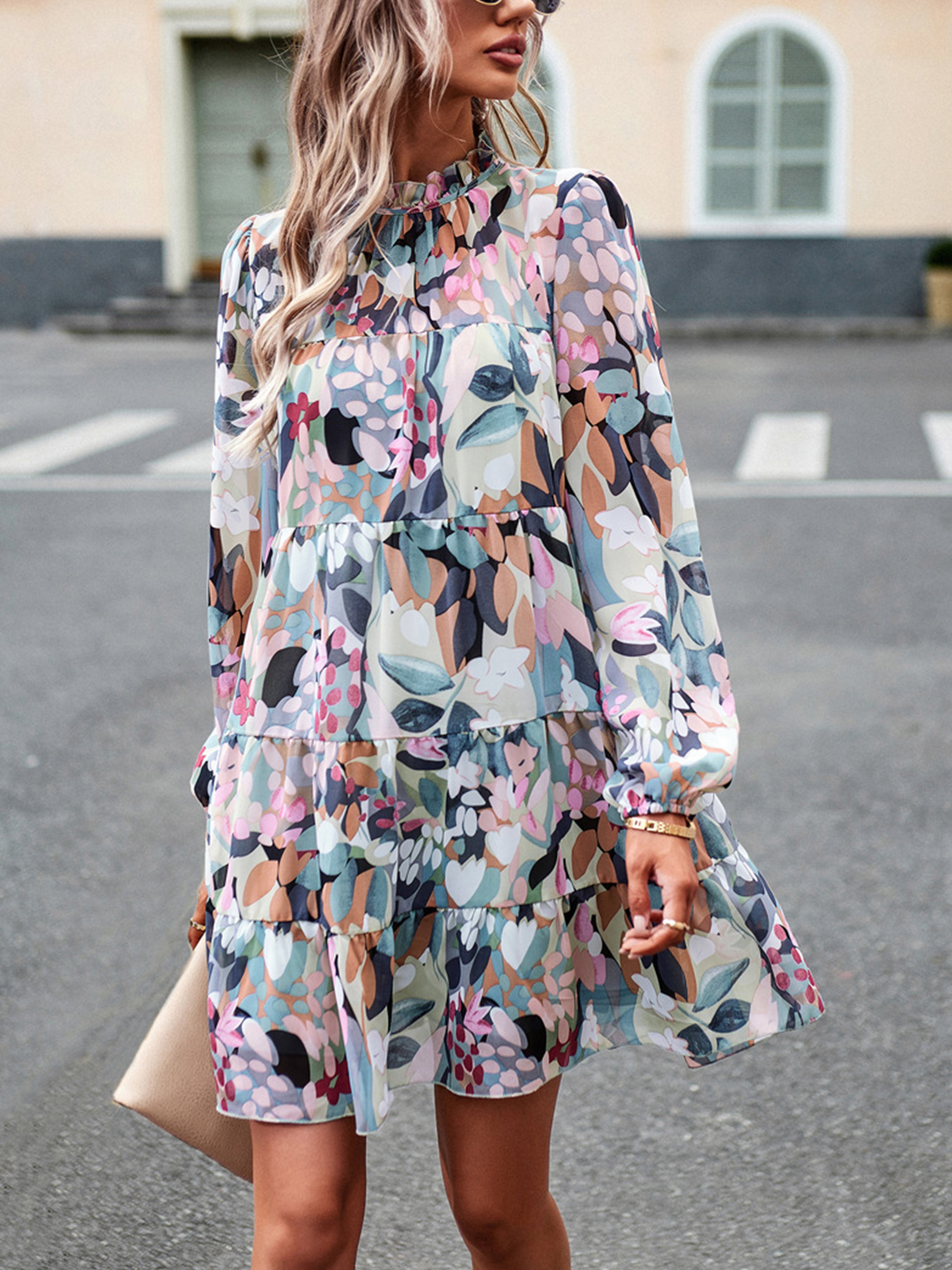 Robe Florale en Vert Trapèze Col Roulé Mi-Haut Manches Longues Robe Invitée de Mariage