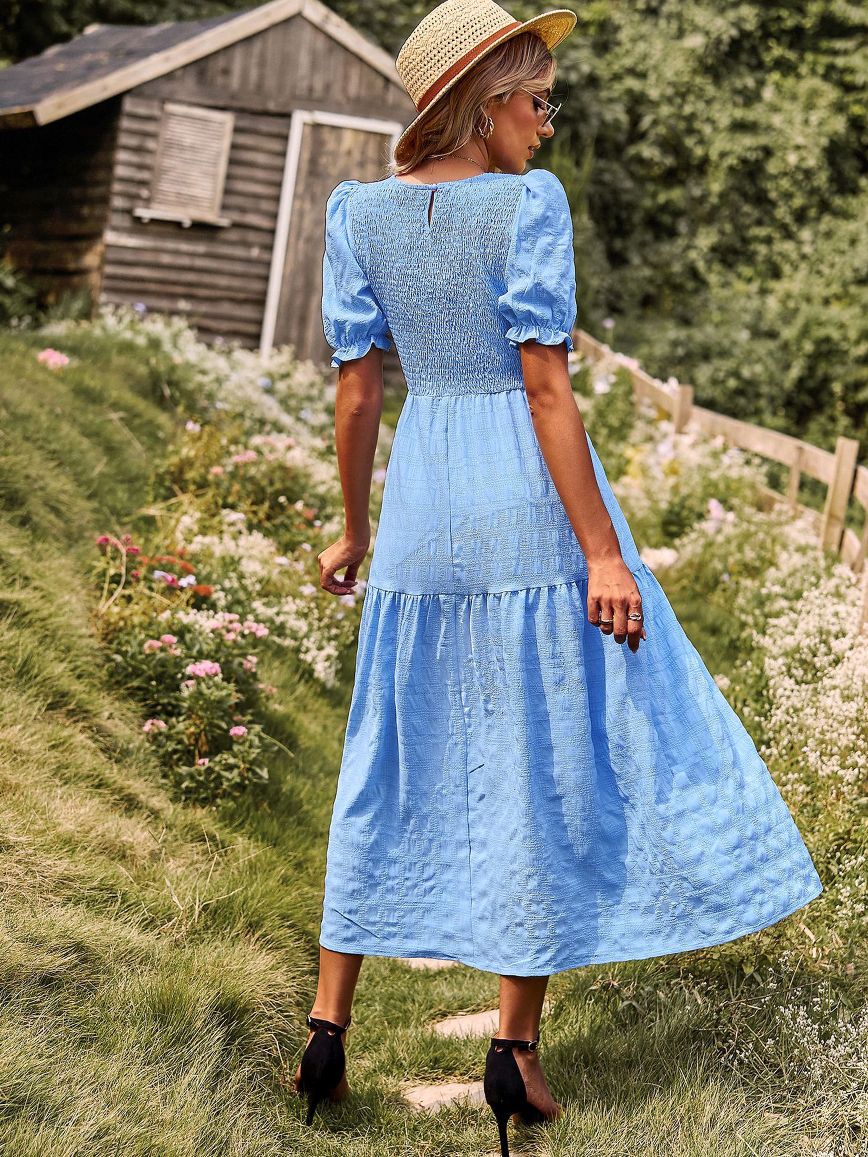 Robe Longue Trapèze Col Rond Manches Courtes à Volants Robe Invitée de Mariage en Bleu Ciel