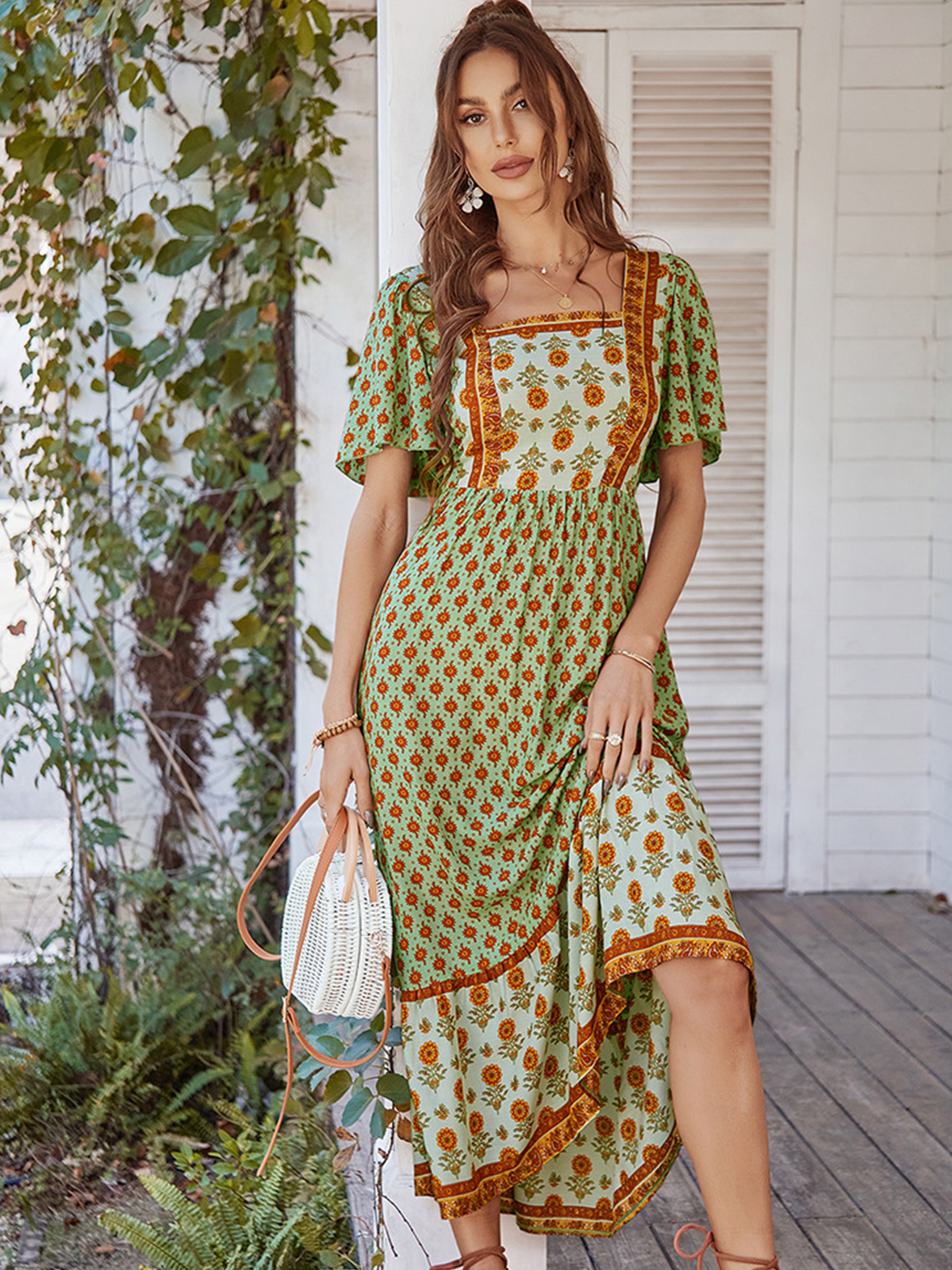 Robe Trapèze Col Carré Manches Courtes Robe Invitée de Mariage en Vert