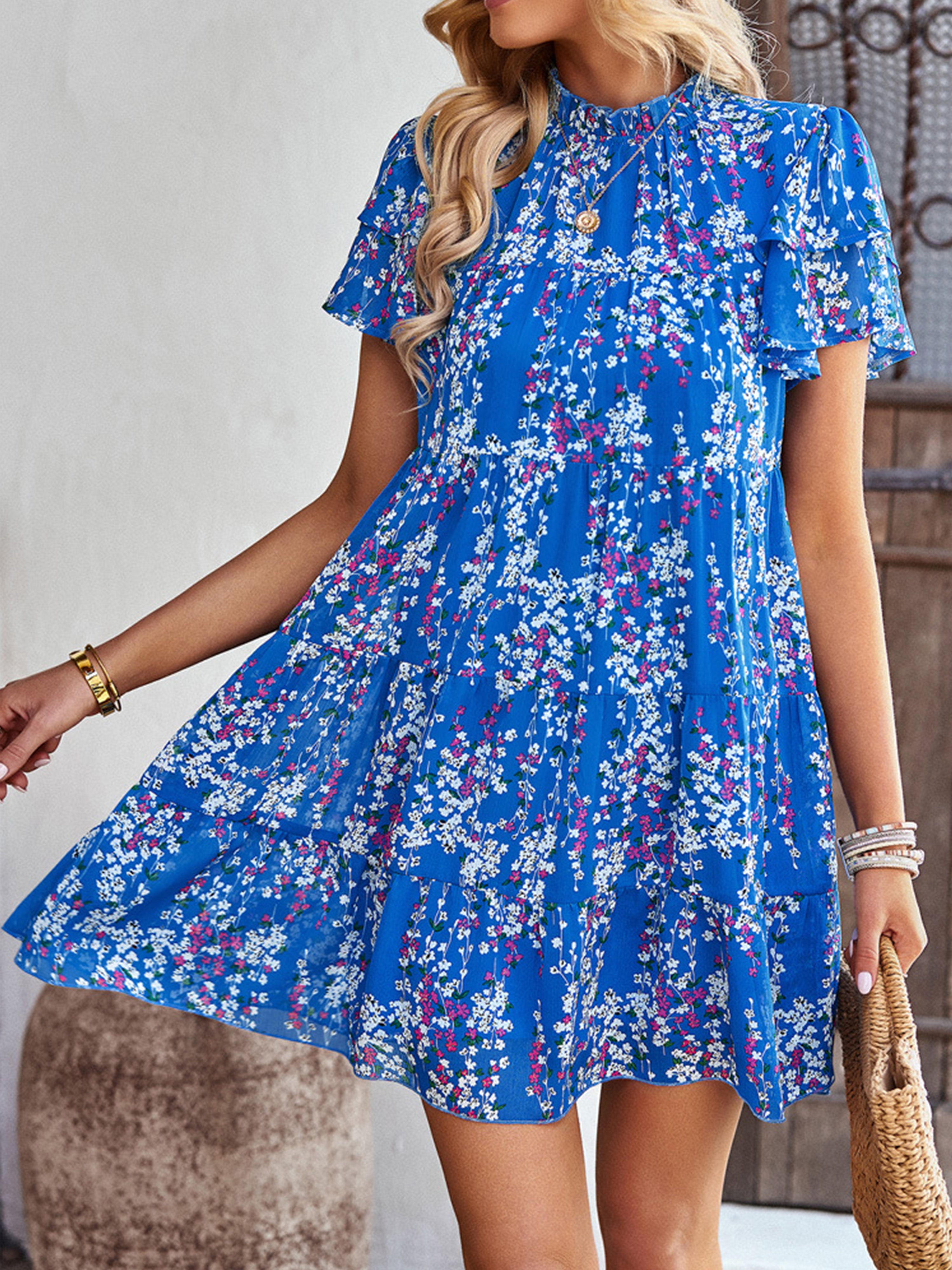 Robe Trapèze Col Roulé Mi-Haut Manches Courtes Robe Invitée de Mariage en Bleu