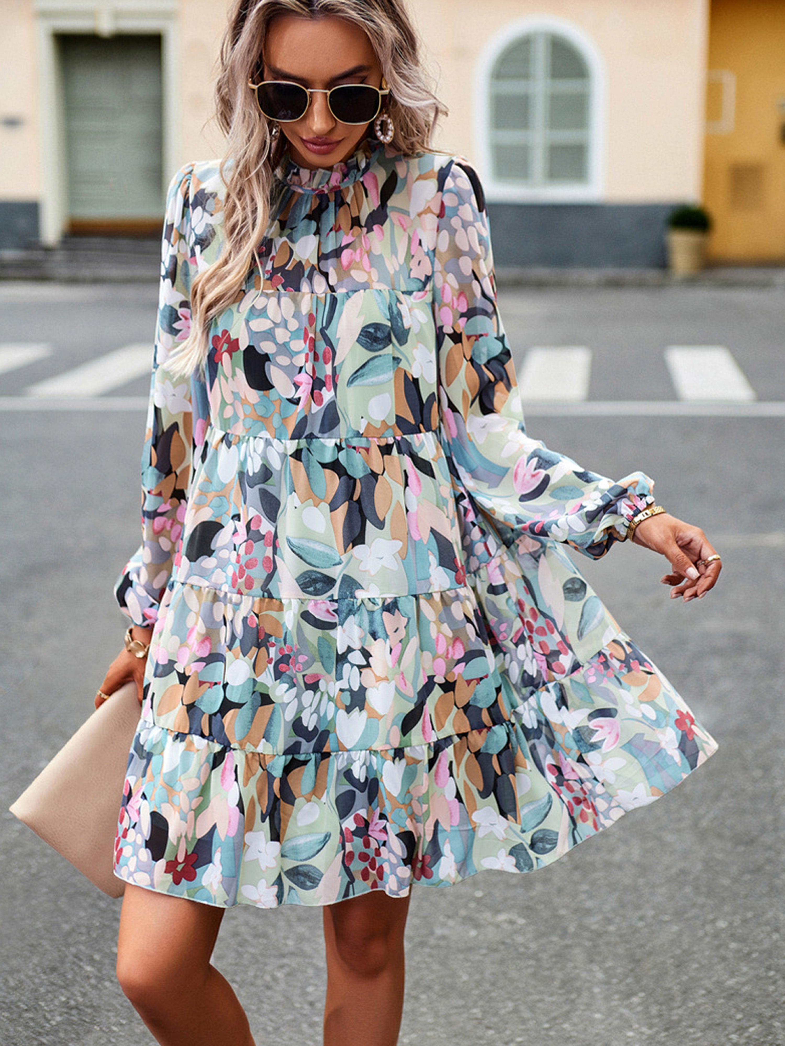 Robe Florale en Vert Trapèze Col Roulé Mi-Haut Manches Longues Robe Invitée de Mariage