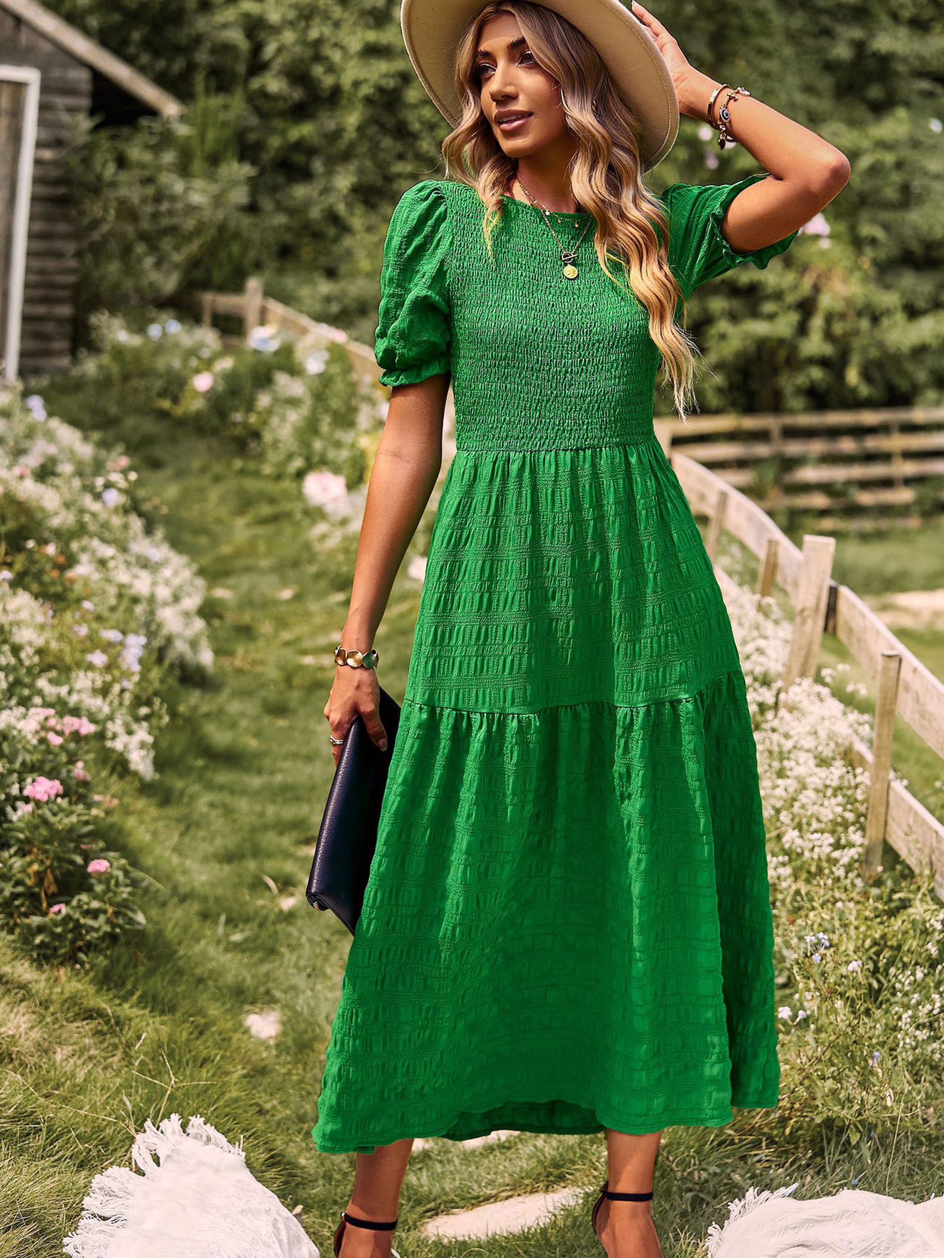 Robe Longue Trapèze Col Rond Manches Courtes à Volants Robe Invitée de Mariage en Vert