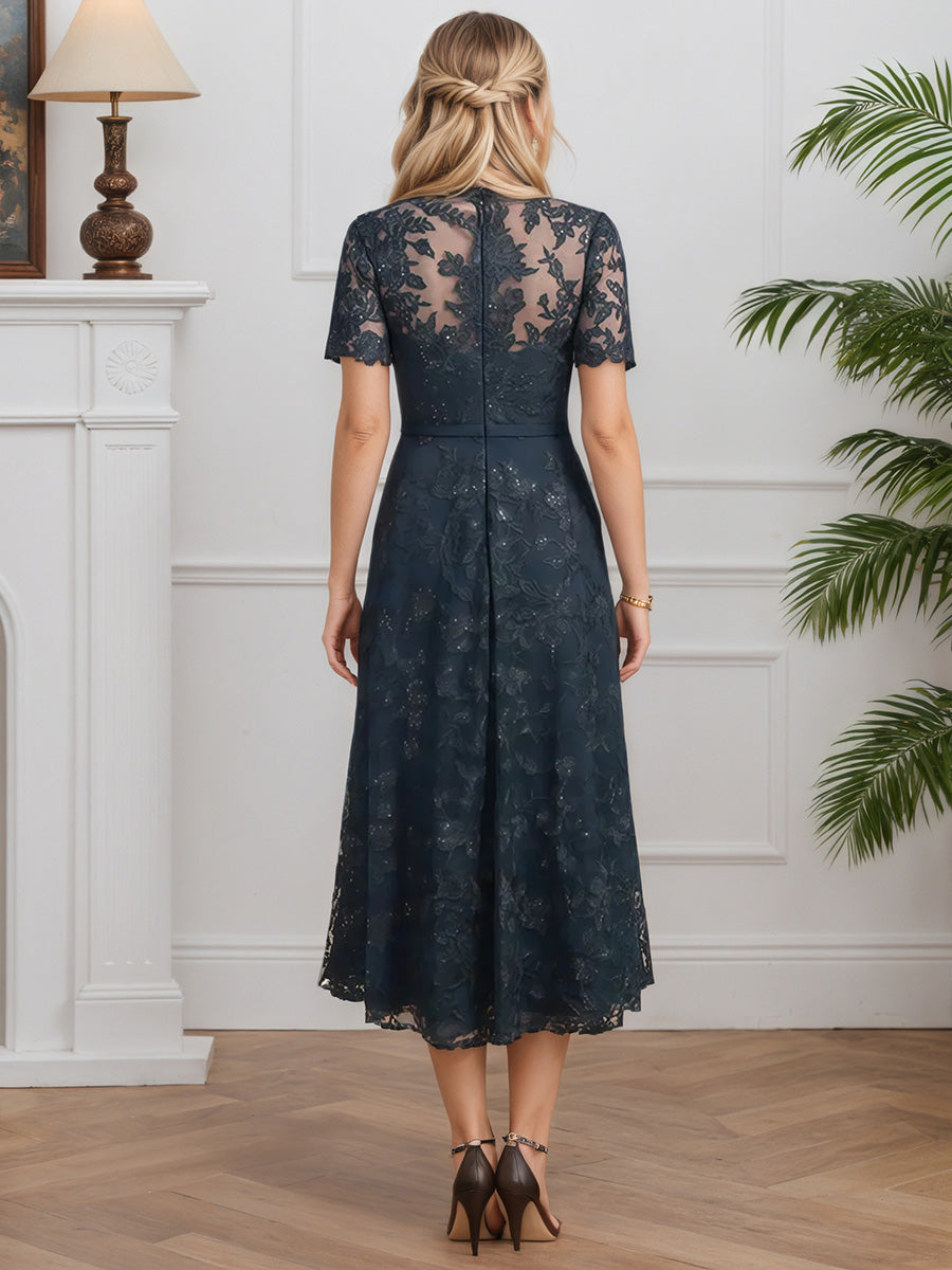 Cicinia Bleu Marine Foncé Robe pour Mère de la Mariée Longue en Mousseline et Dentelle A-Line Fermeture Dos à Glissière