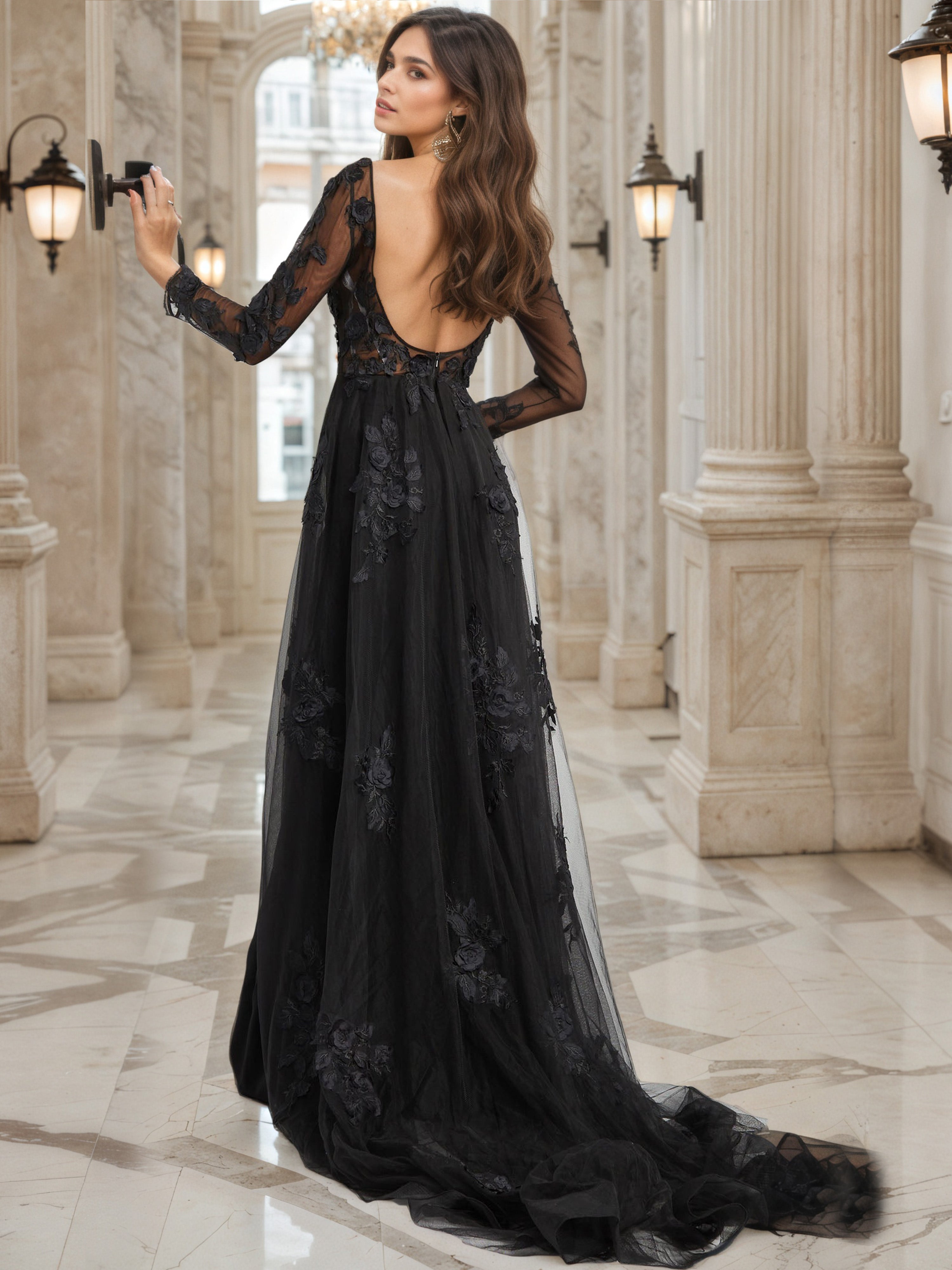 Robe de Soirée Noir Col Bateau à Manches Longues Robe Pantalon Avec Traîne de balayage / pinceau