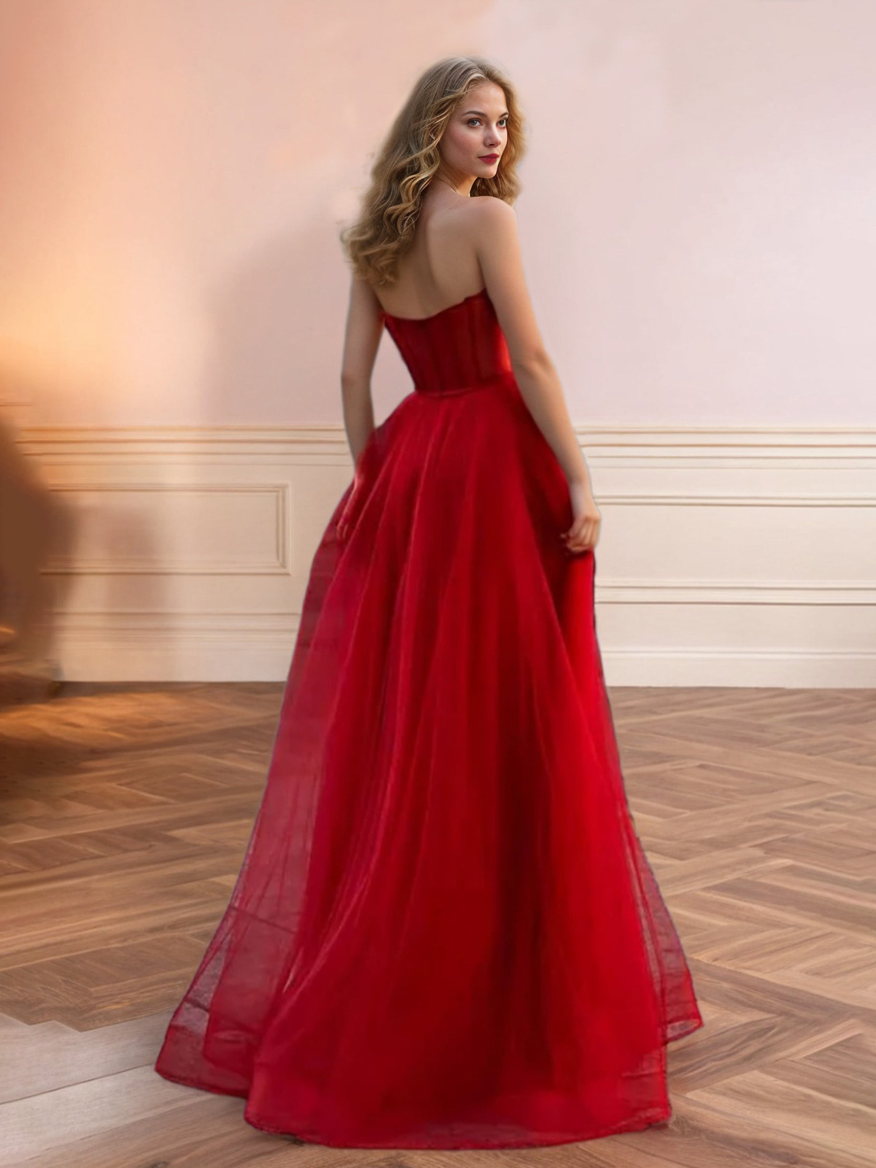 Cache Coeur Tulle Trapèze Robe de Soirée Rouge