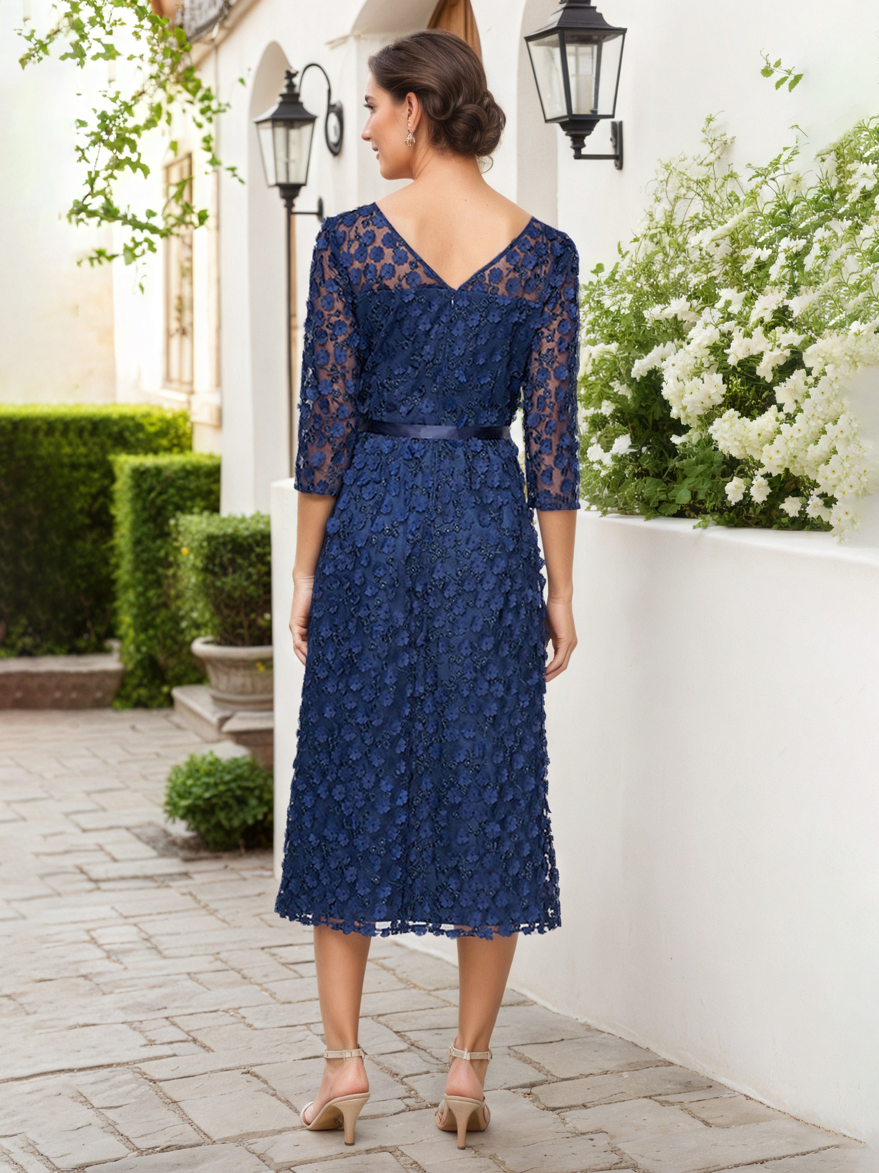 Robe Mere dela Mariee BLEU_MARINE Trapèze Col Bateau Robe Mi-Longue Manches 3/4