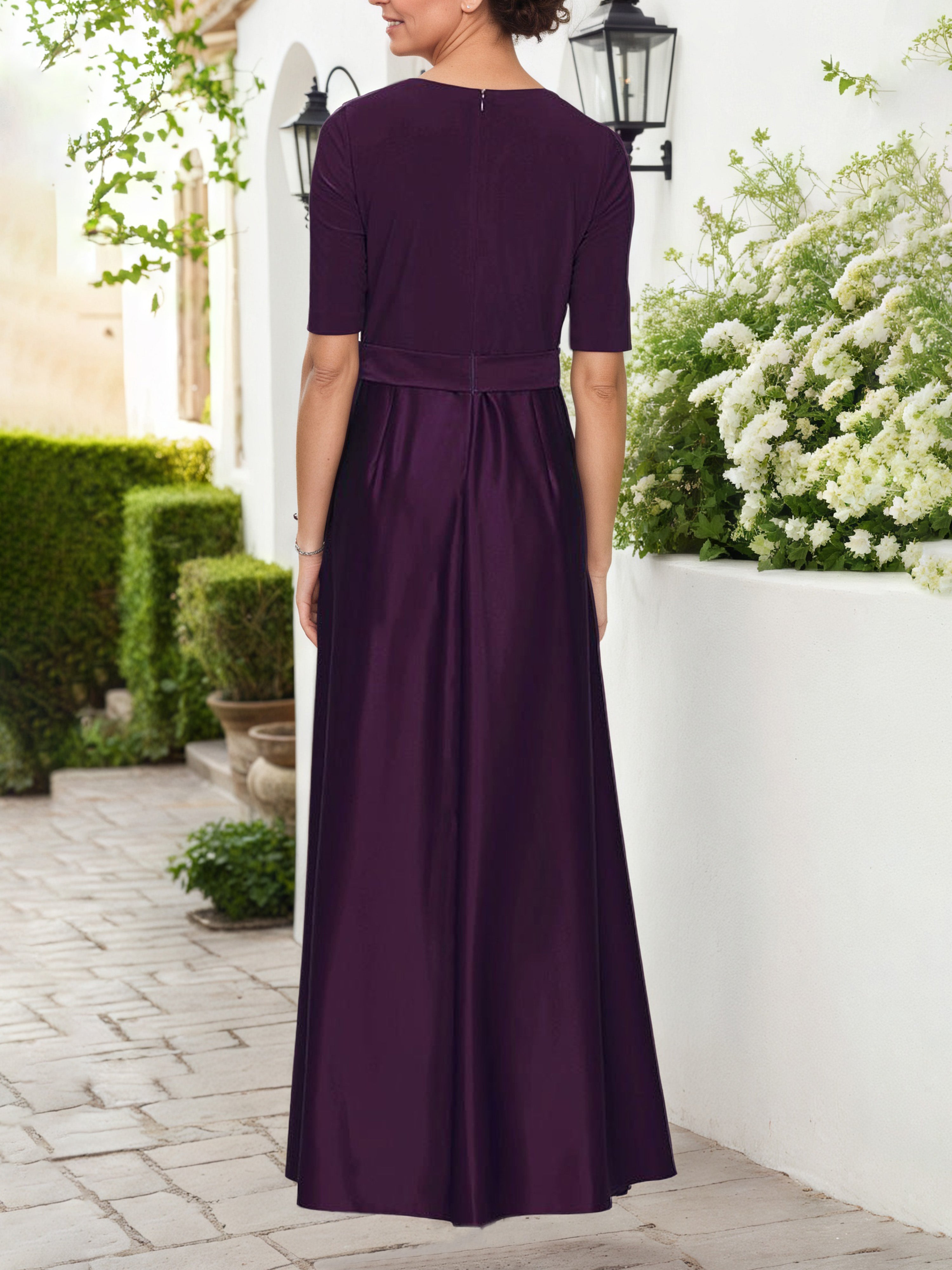 Robe Mere dela Mariee Aubergine Col V Robe Demi-Manche Avec Ceinture