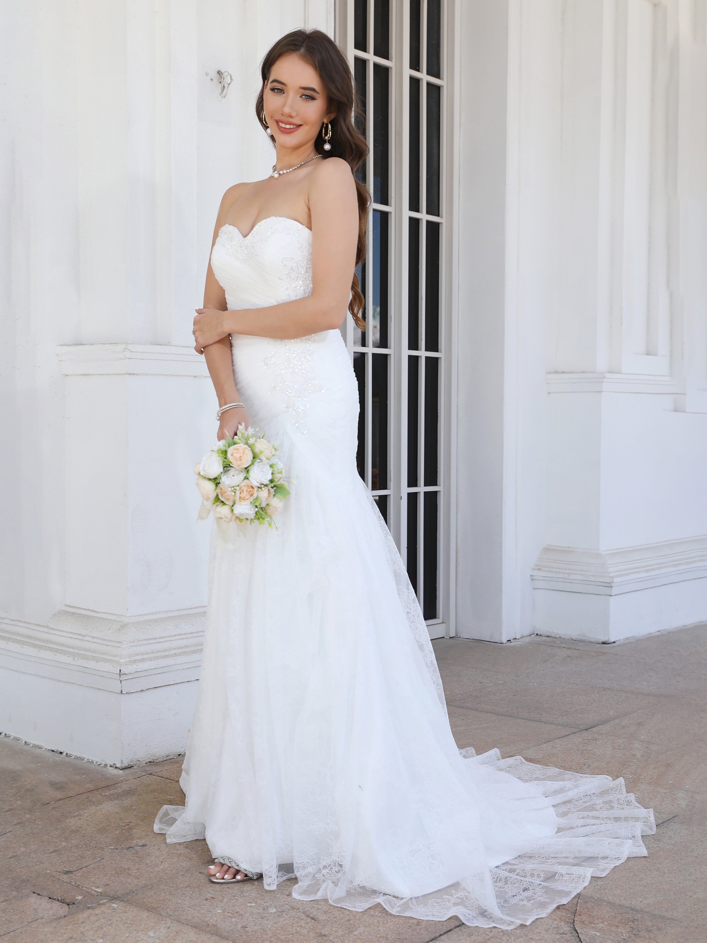 Cache Cœur Dentelle&Tulle Robe de Mariage Trompette/Sirène avec Traîne de balayage / pinceau