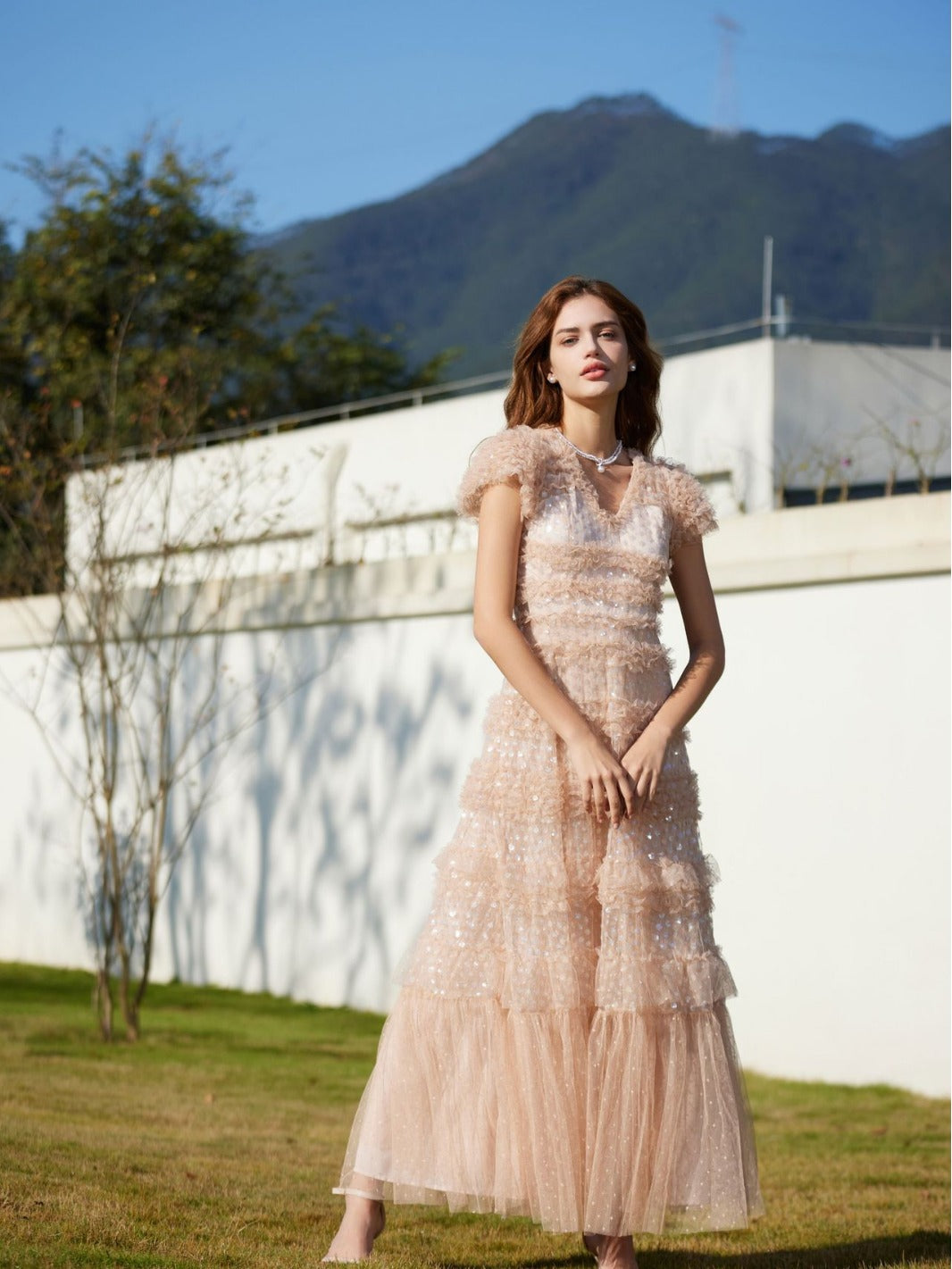 Robe Paillettes Trapèze Col V Manches Courtes Robe de Soirée en Rose