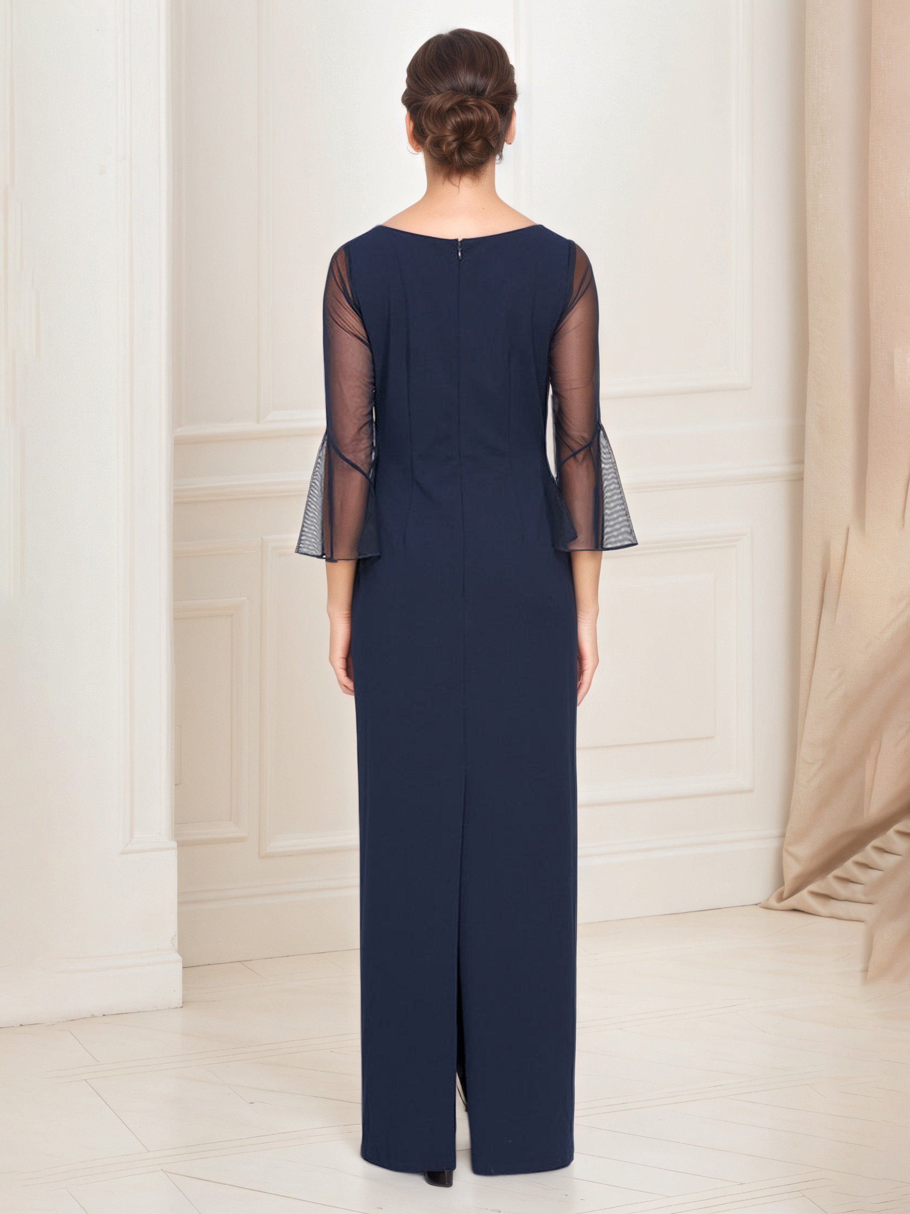 Robe Mère de la Mariée BLEU_MARINE Robe Longue Fourreau/Colonne Col Bateau en perles Manches illusion 3/4