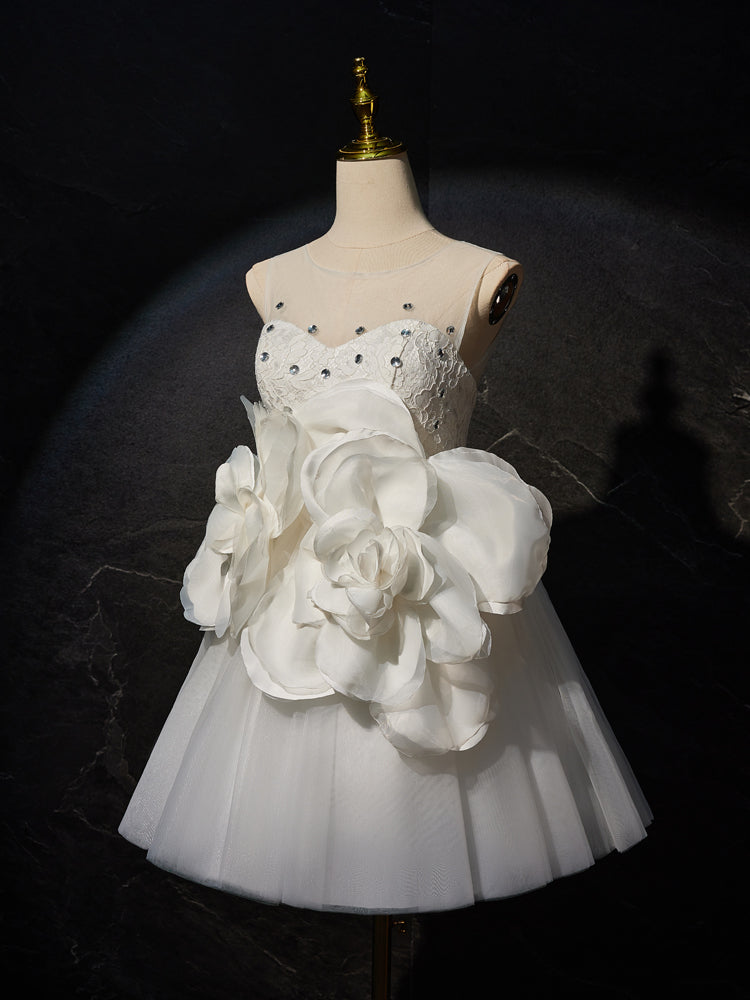 Robe de bal en Organza Longueur Genou sans Manche avec Appliques Florales 3D