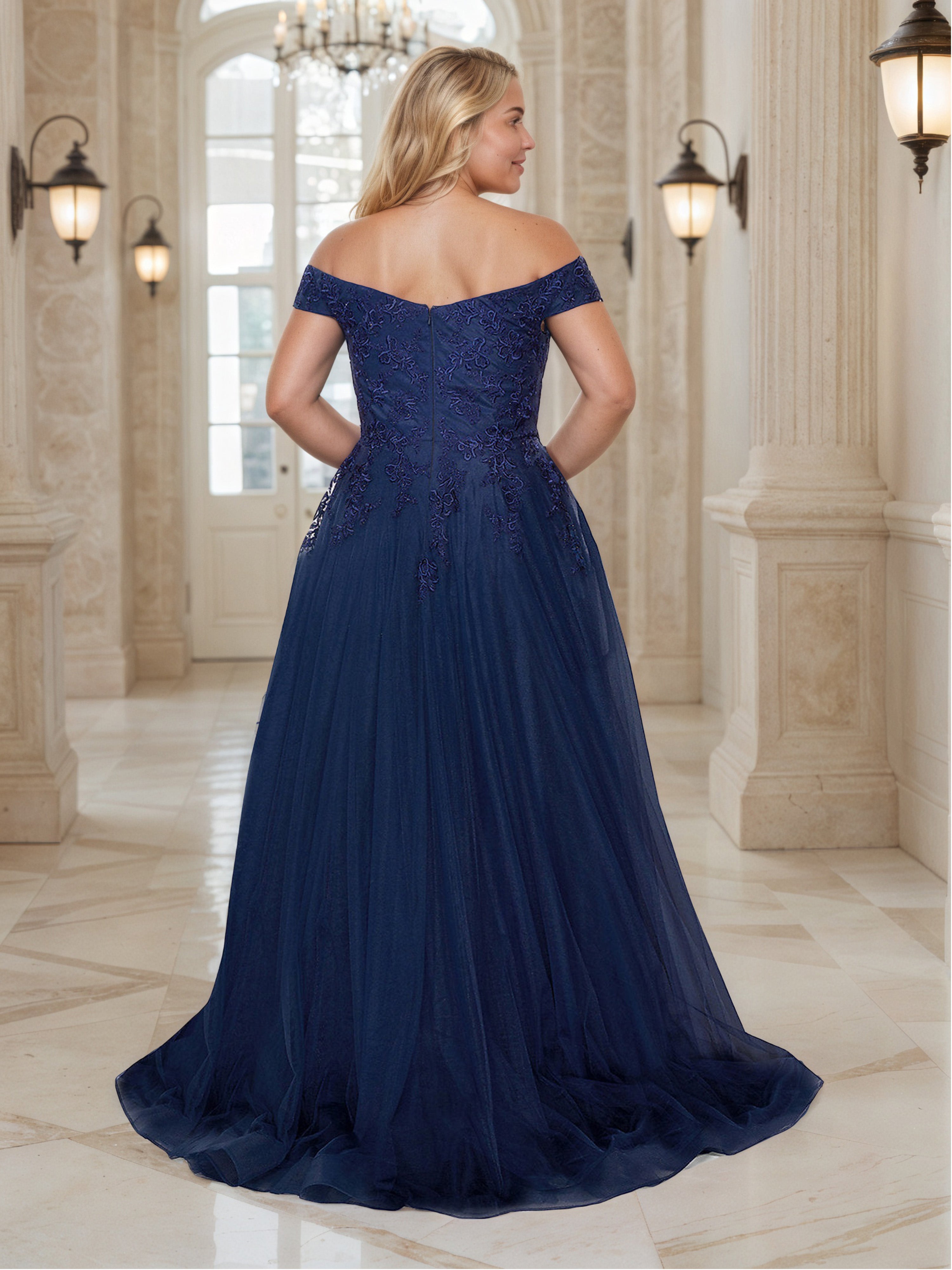 Robe De Bal BLEU_MARINE en Tulle à Épaules Dénudées avec Broderie Dentelle Grande Taille Traîne Balayage avec Fente