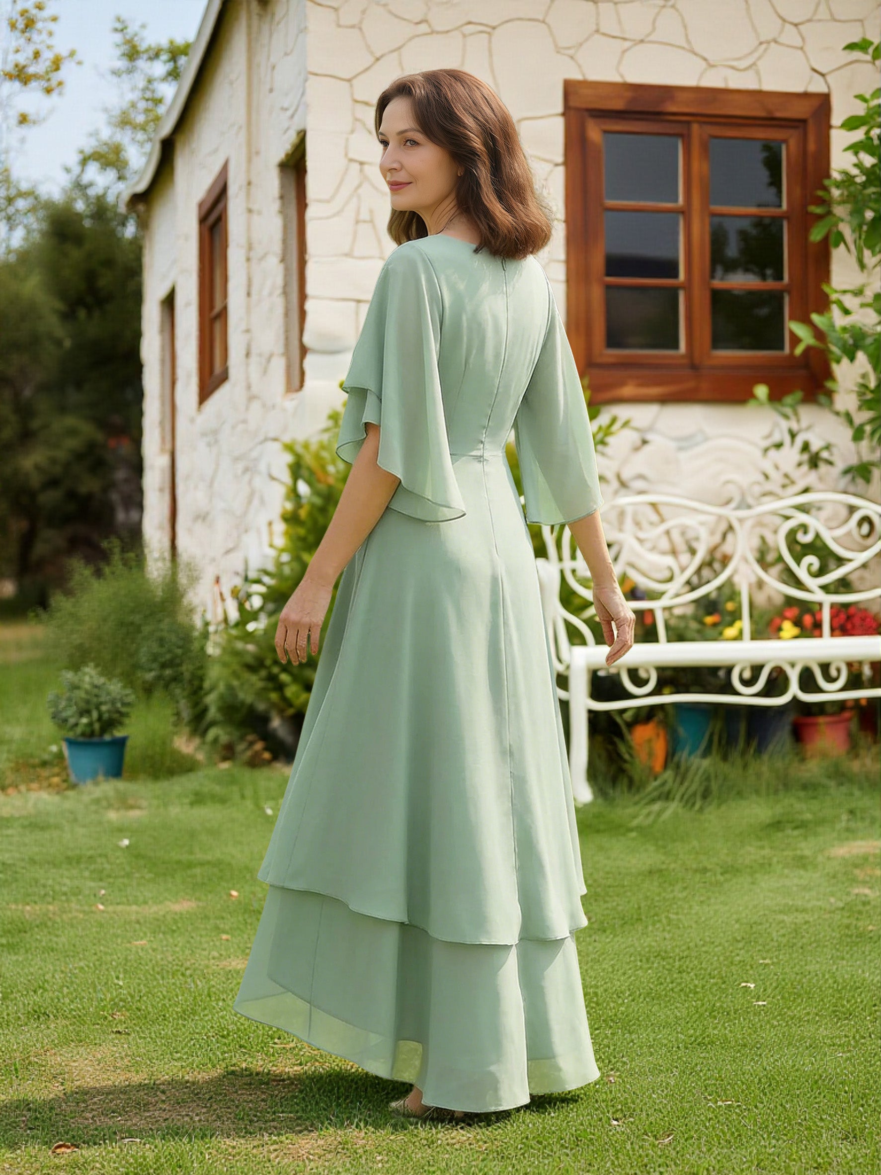 Cicinia Sauge Poussiéreux Robe pour Mère de la Mariée Longue A-Line en Mousseline Dentelle à Volants Ourlet Asymétrique