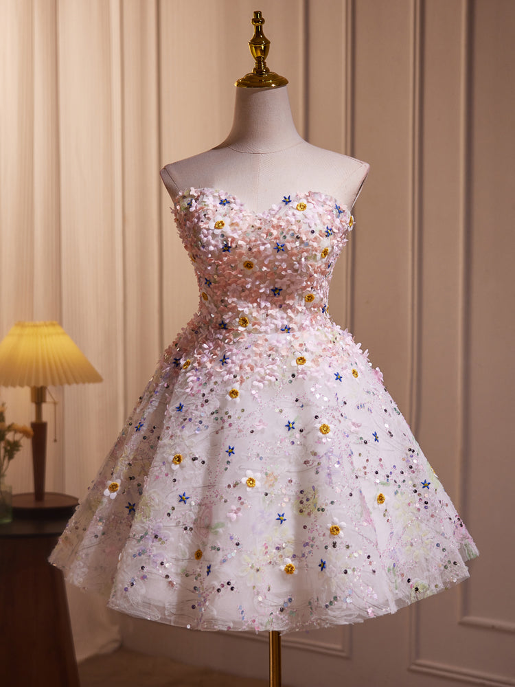 Robe de bal en Tulle Col Cœur sans Manches avec Fleurs et Paillettes