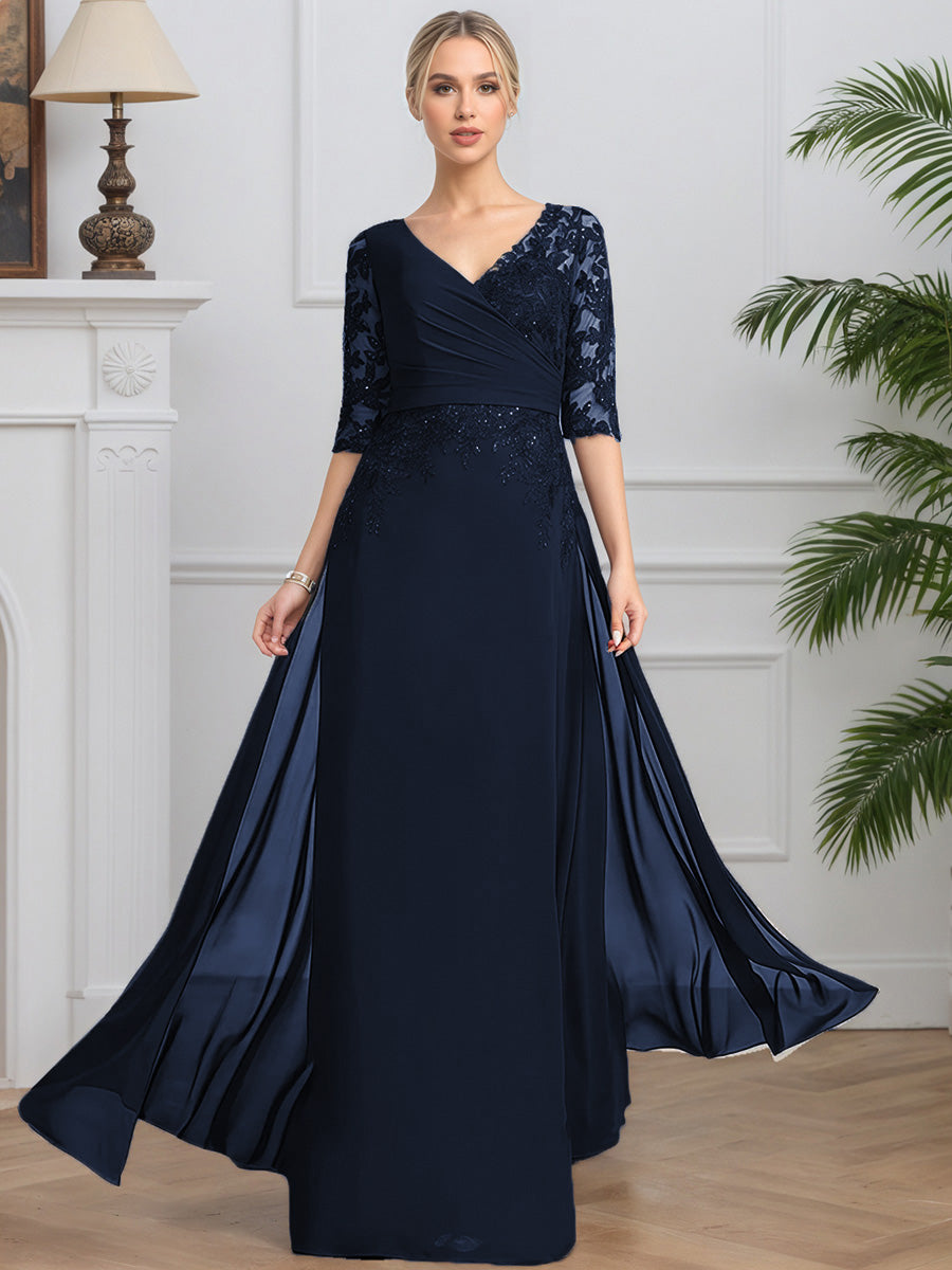 Cicinia Bleu Marine Robe pour Mère de la Mariée Longue en Mousseline et Dentelle A-Line Décolleté en V Manches Demi-longues