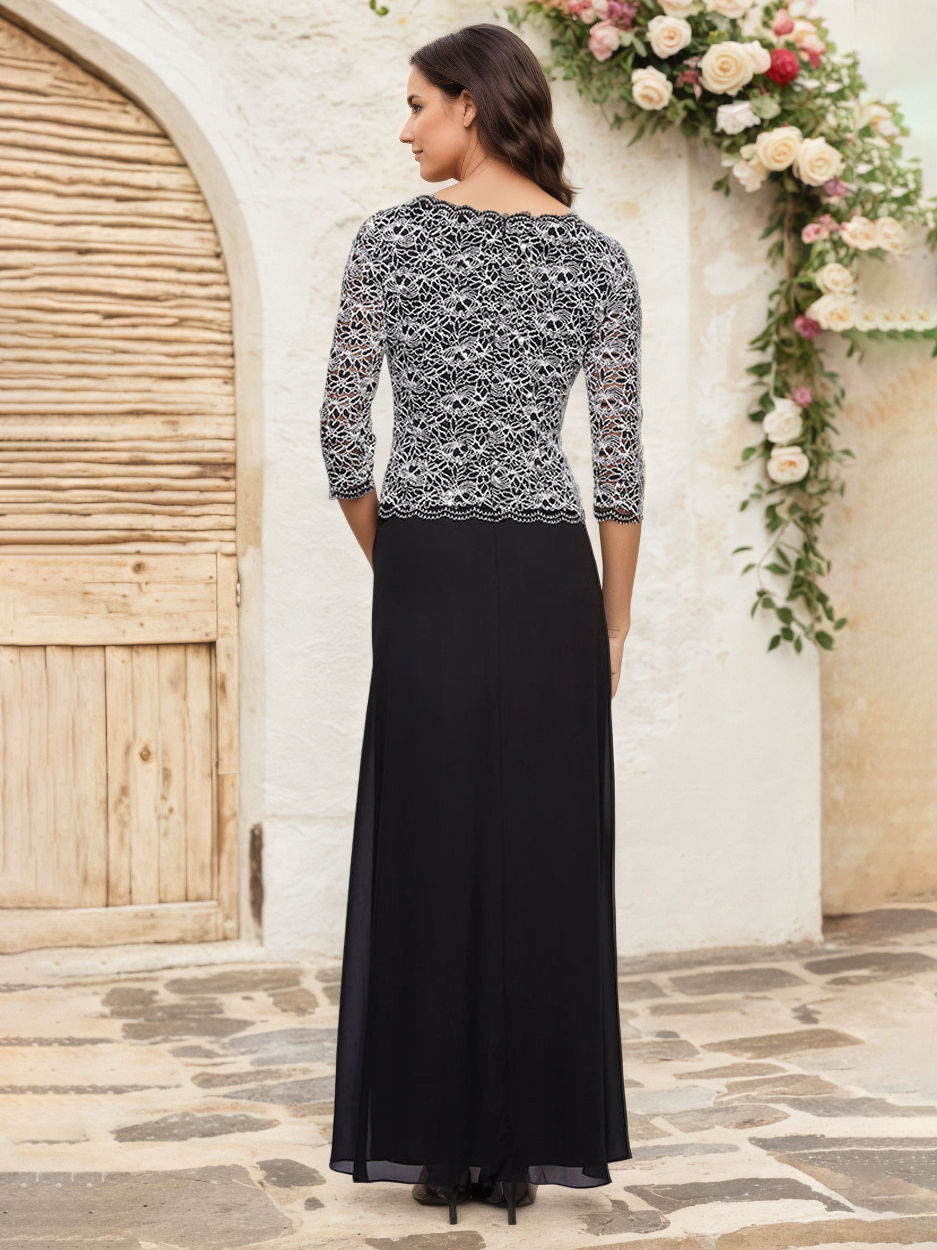 Robe Cérémonie Mariage Mère Du Marié Noir en 2 pièces Trapèze Col Rond Manches 3/4
