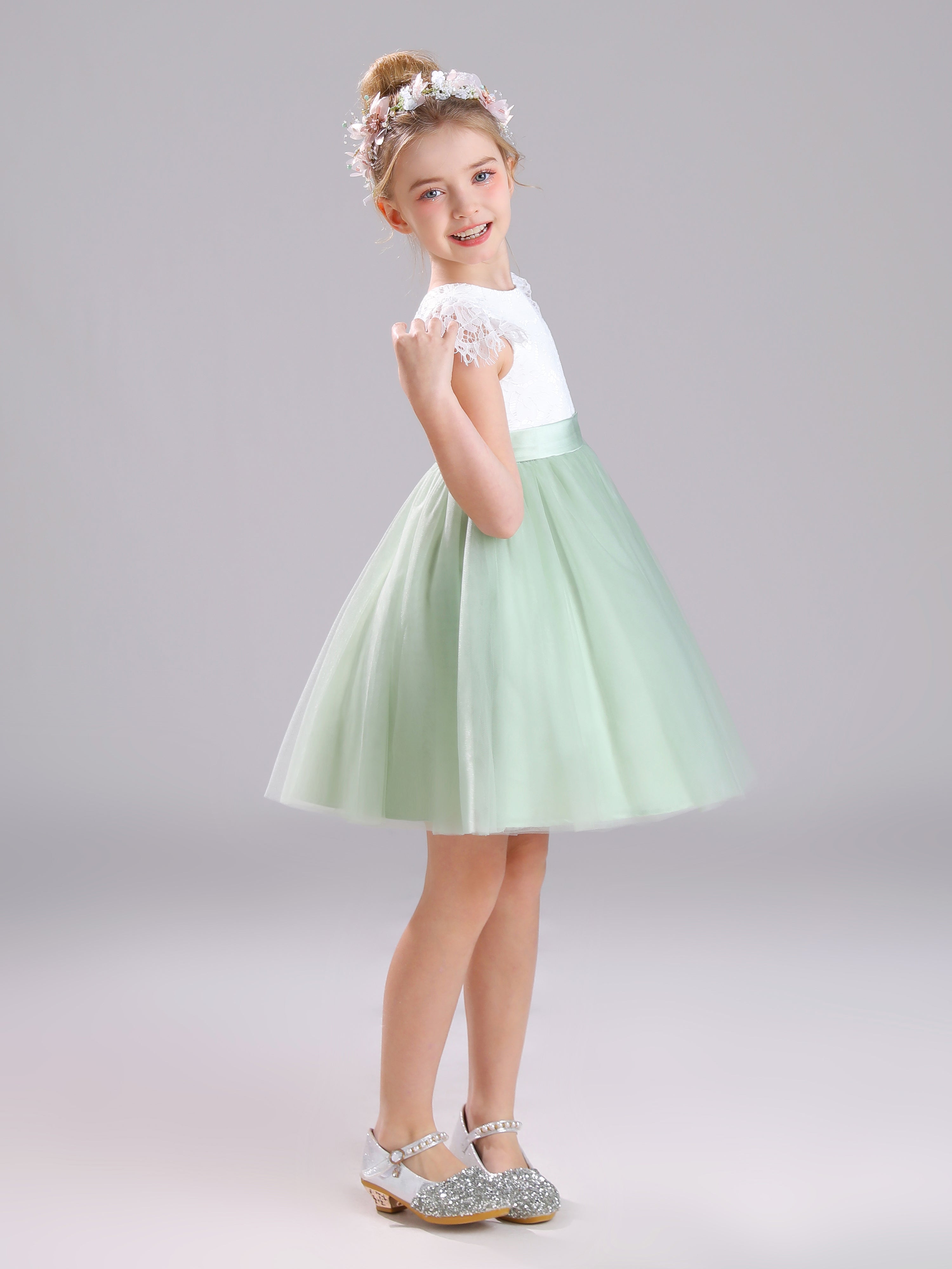 Col Bateau Mancherons Satin&Tulle&Dentelle Courte Robe Fille