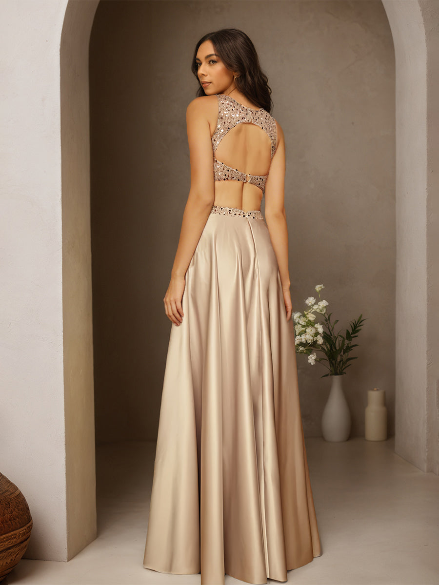 Cicinia Champagne Robe de Soirée Longue en Satin à Paillettes A-Line 2 Pièces Longueur Sol