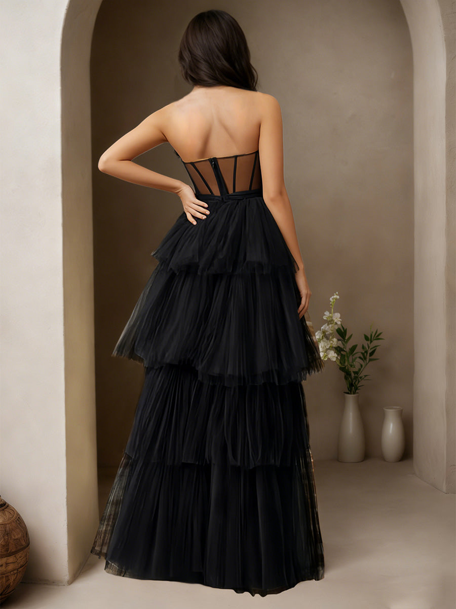 Cicinia Noir Robe de Soirée Longue en Tulle A-Line sans Bretelles Fente à Volants