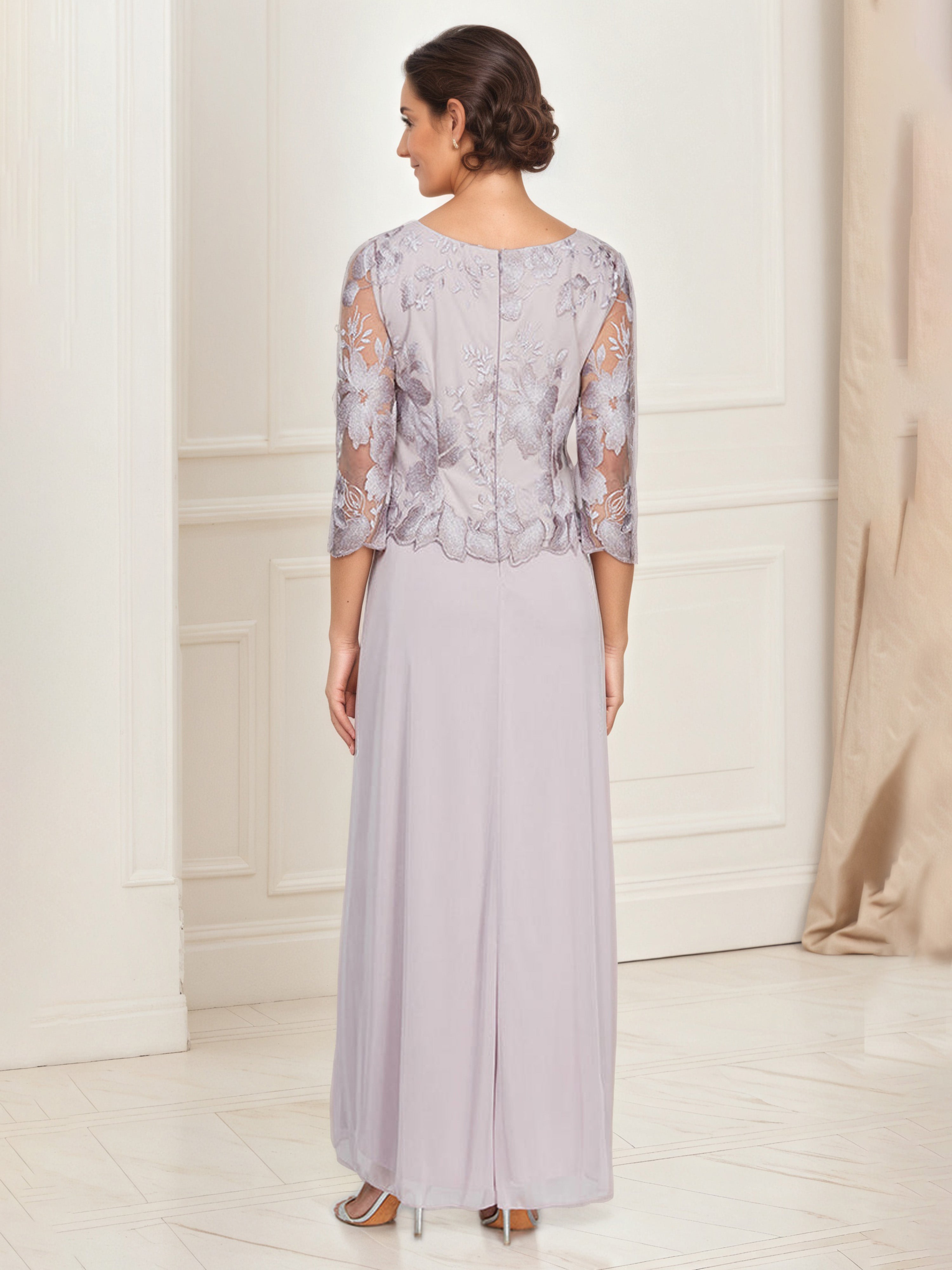 Robe Mere dela Mariee CREPUSCULE Col Rond Robe Trapèze Manches 3/4 Broderie en dentelle