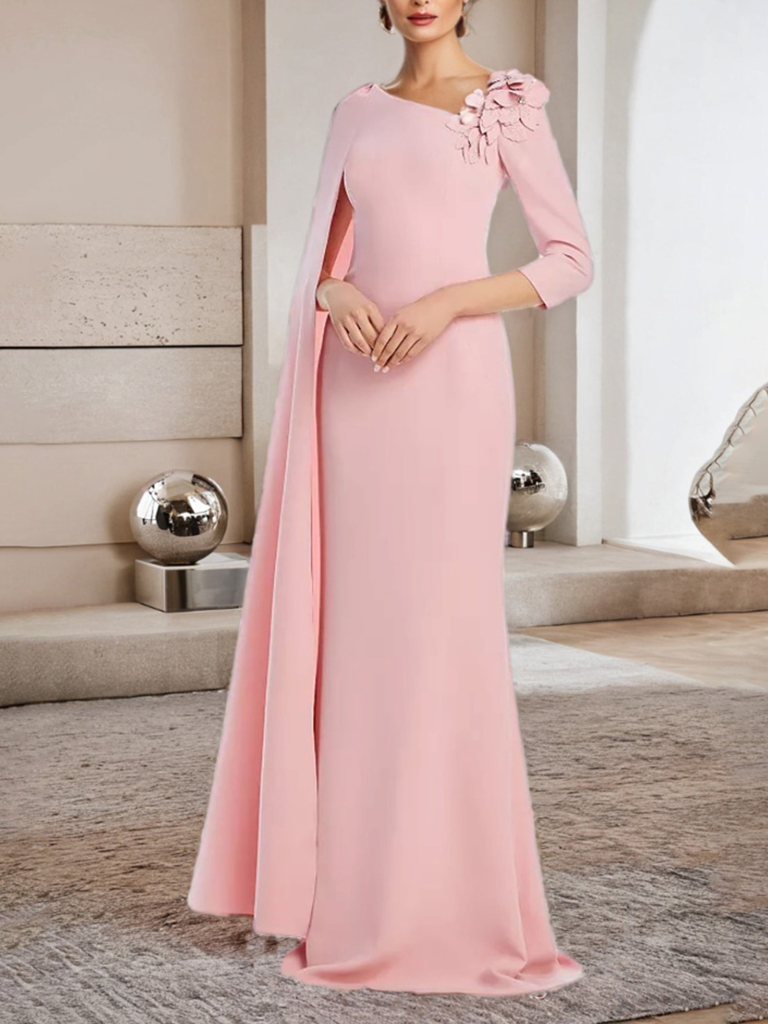 Robe de Soirée Rose Fourreau/Colonne Mousseline Manches 3/4