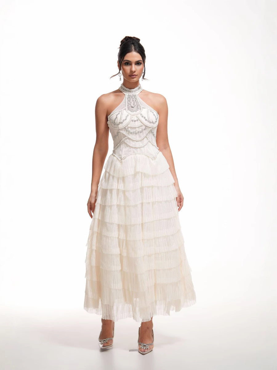 Robe Licou Trapèze Sans Manches Robe de Soirée en Abricot