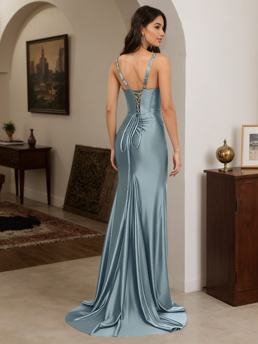 Cicinia Robe de Soirée BLEU_POUDRE Longue Fourreau Perlé Dos Nud à Bretelles