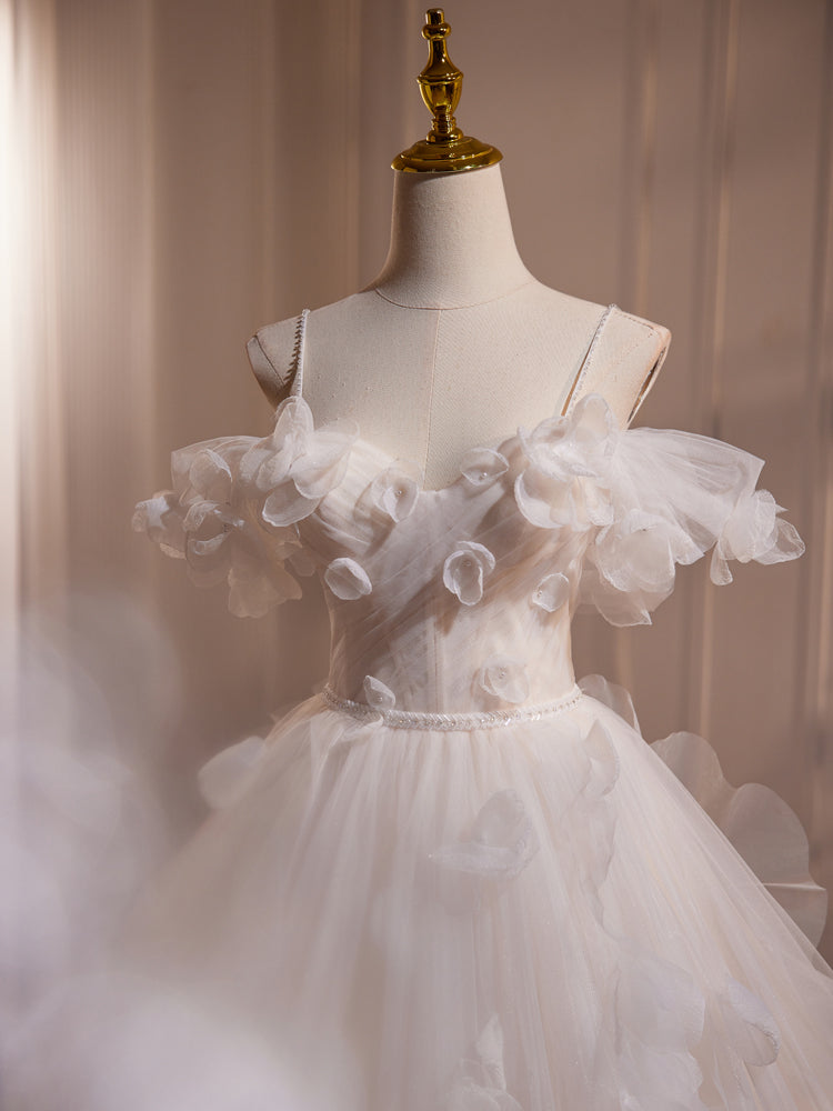 Robe de mariée Fleurs Épaules Dénudées en Tulle avec Balayage et Perles